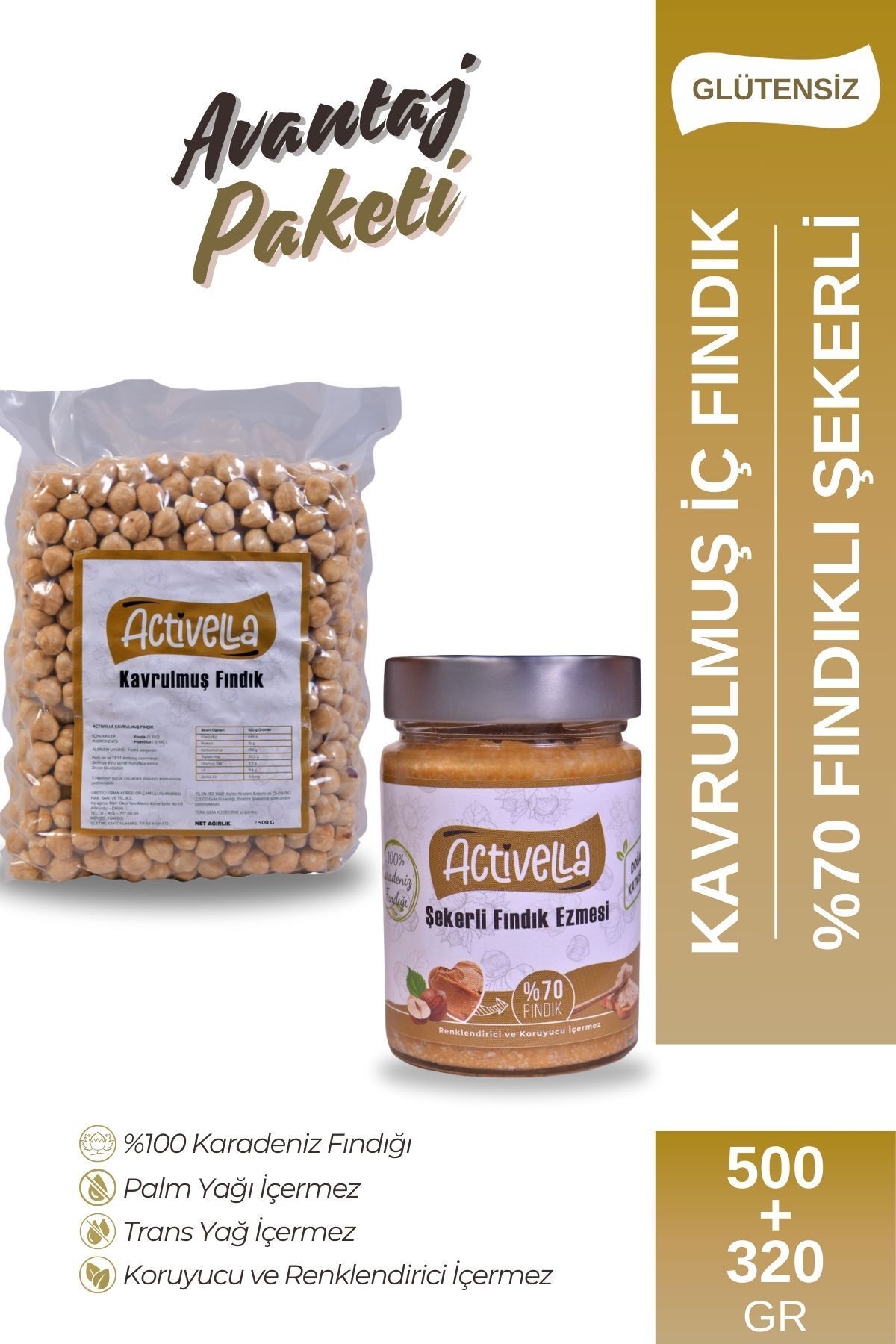 Activella Şekerli Fındık Ezmesi 320gr %70 Fındıklı + Kavrulmuş İç Fındık 500gr