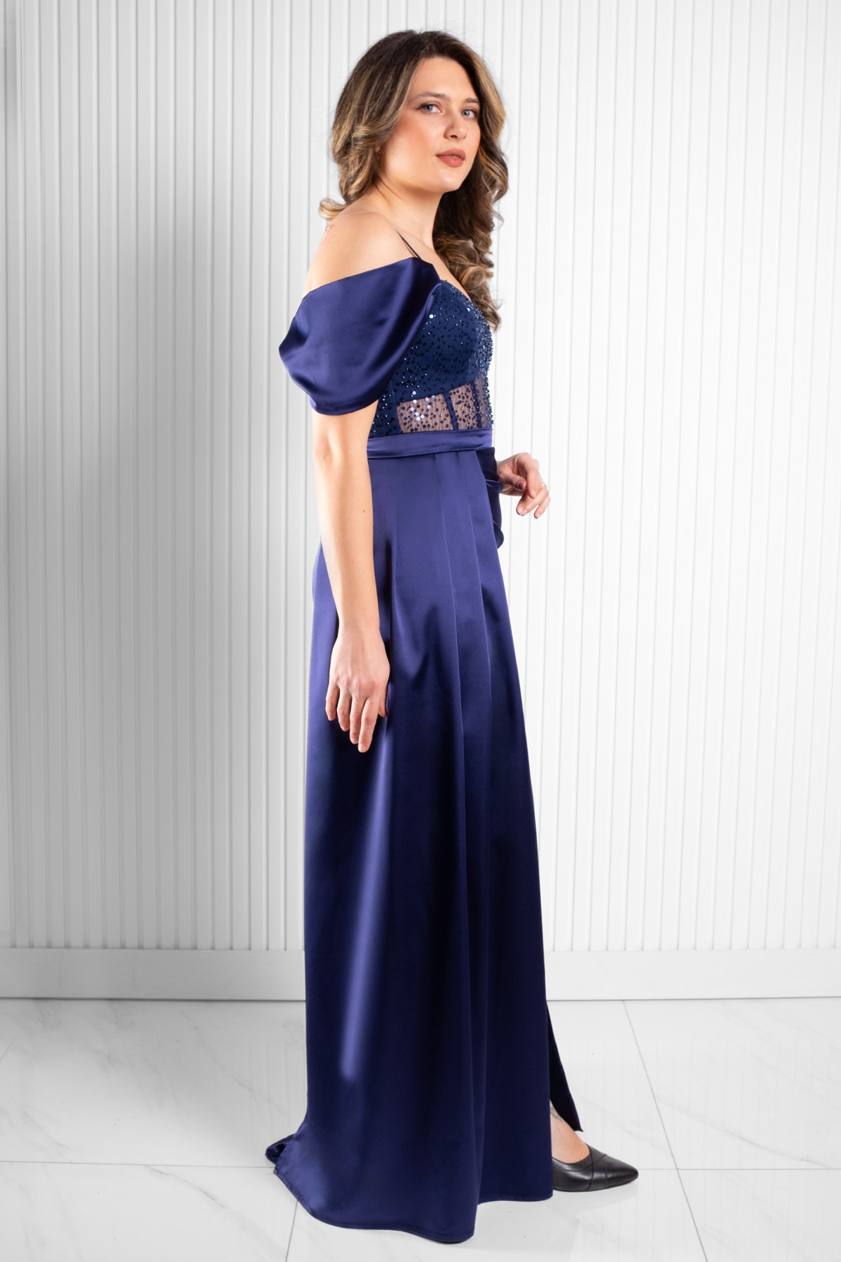 SUBU TASARIM-Navy Blue Tbs374 Detail Satin Evening Dress 3