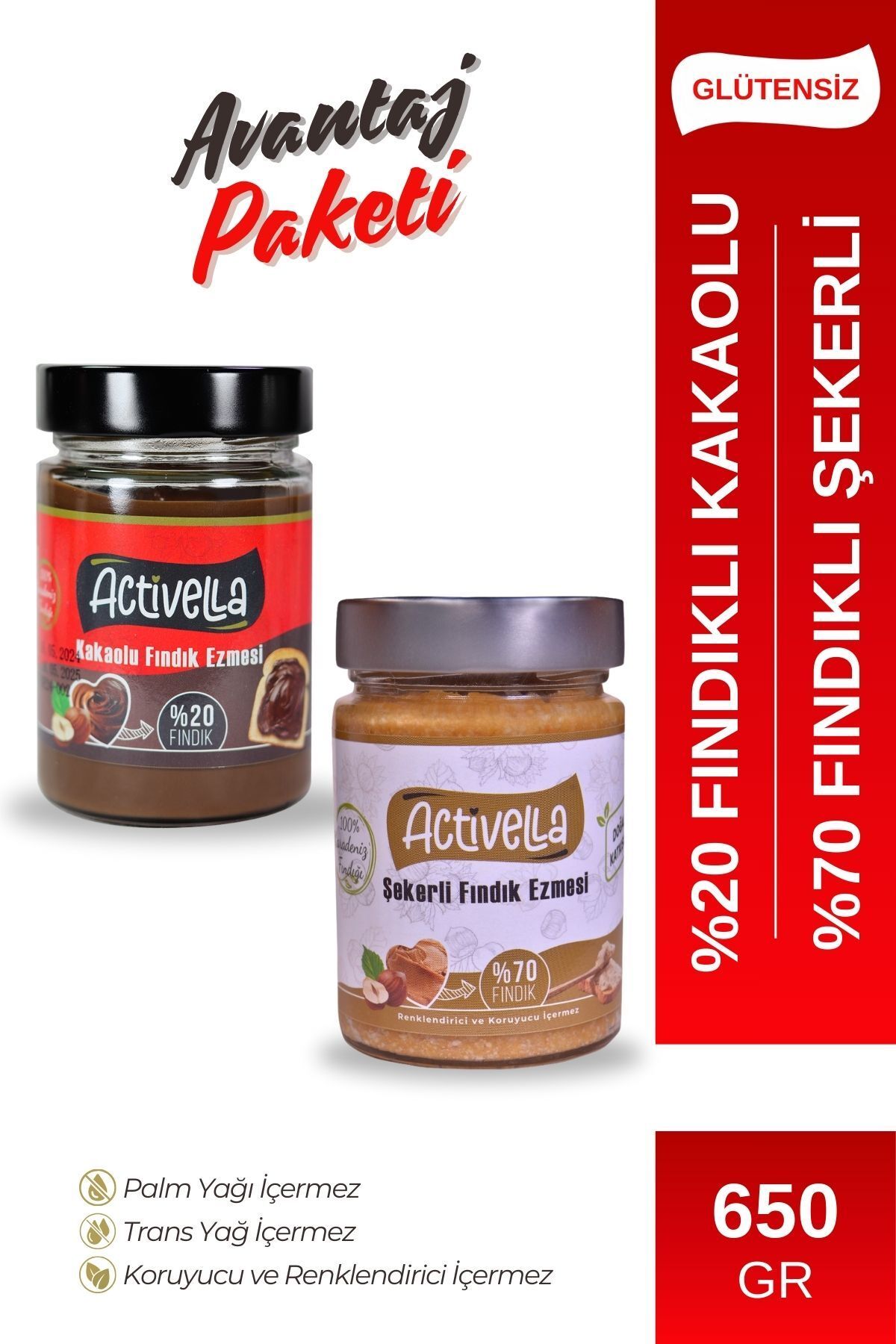 Activella Kakaolu Fındık Ezmesi 330gr %20 Fındıklı + Şekerli Fındık Ezmesi 320gr %70 Fındıklı
