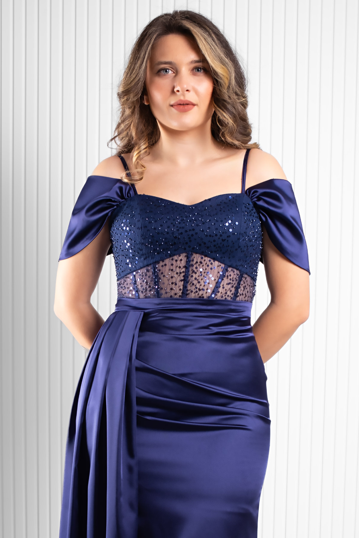 SUBU TASARIM-Navy Blue Tbs374 Detail Satin Evening Dress 4