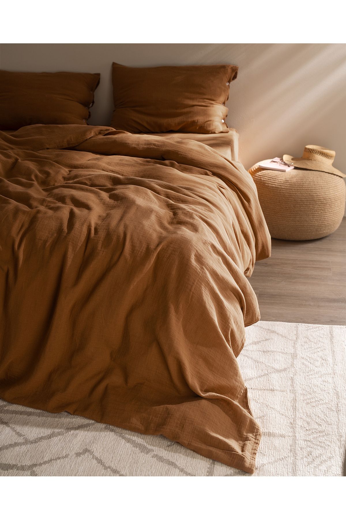 Madame Coco-Marla Muslin Single 100% Cotton Elastic Duvet Cover Set - Cinnamon 2