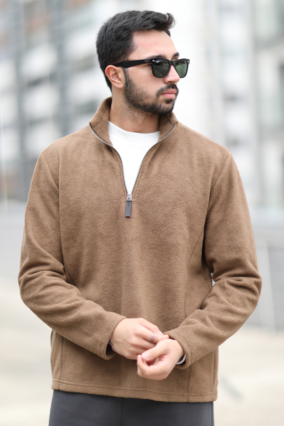 Erkek Kışlık Polarlı Sweatshirt Kahverengi Yarım Fermuarlı Dik Yaka Boğazlı - 6053 — قهوه‌ای 1055-6053 — تصویر 3 از 5