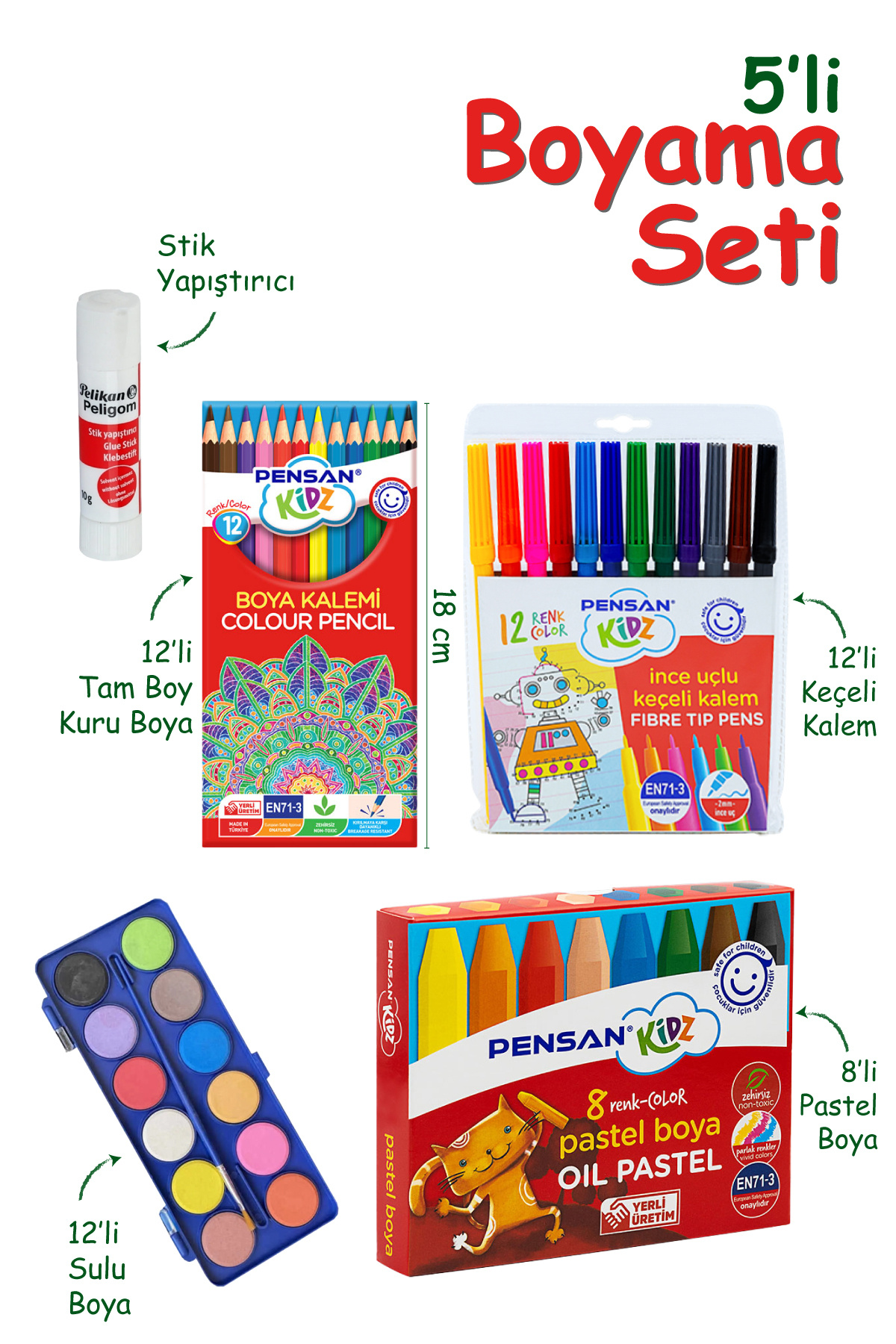 Pensan 5'li Boyama Seti - Kuru Boya Seti (kuruboya, Suluboya, Keçeli Kalem , Pastel , Stick Yapıştırıcı )