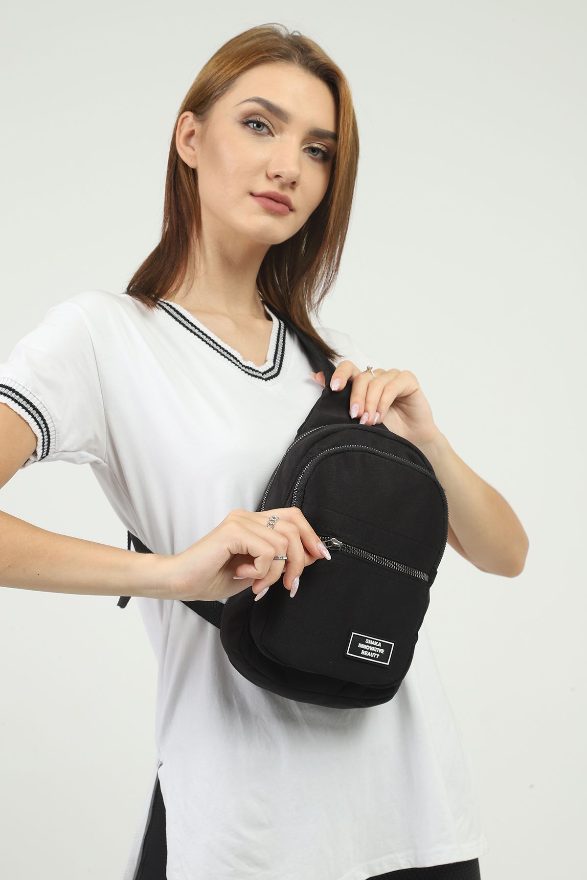 SHAKA-Black U3 3 Compartment Adjustable Cross Strap Canvas Unisex Waist and Shoulder Bag B:30 E:15 2