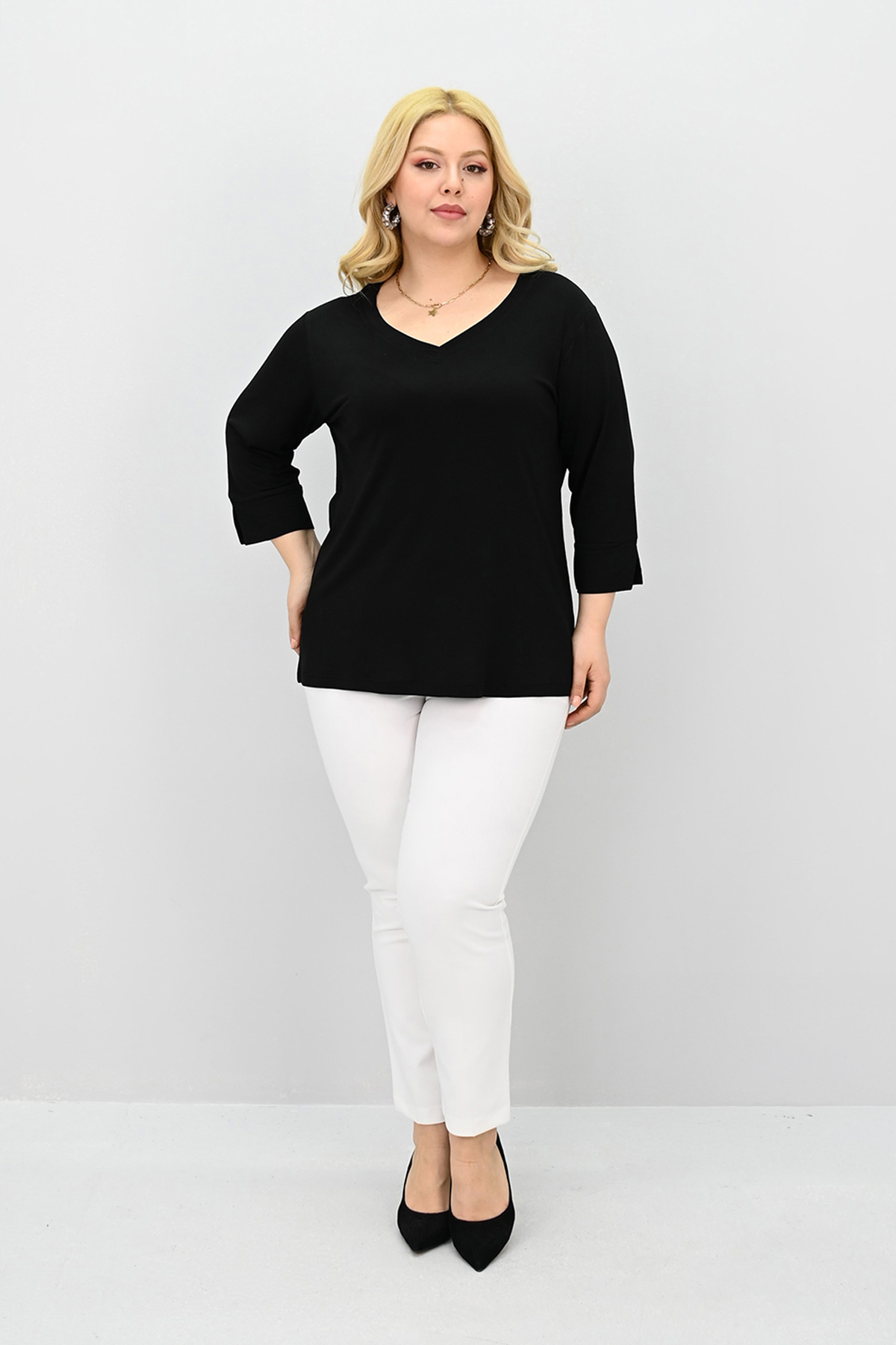 Koza Butik  Kadın Büyük Beden Bantlı V yaka Bluz 1919-25 - Görsel 5