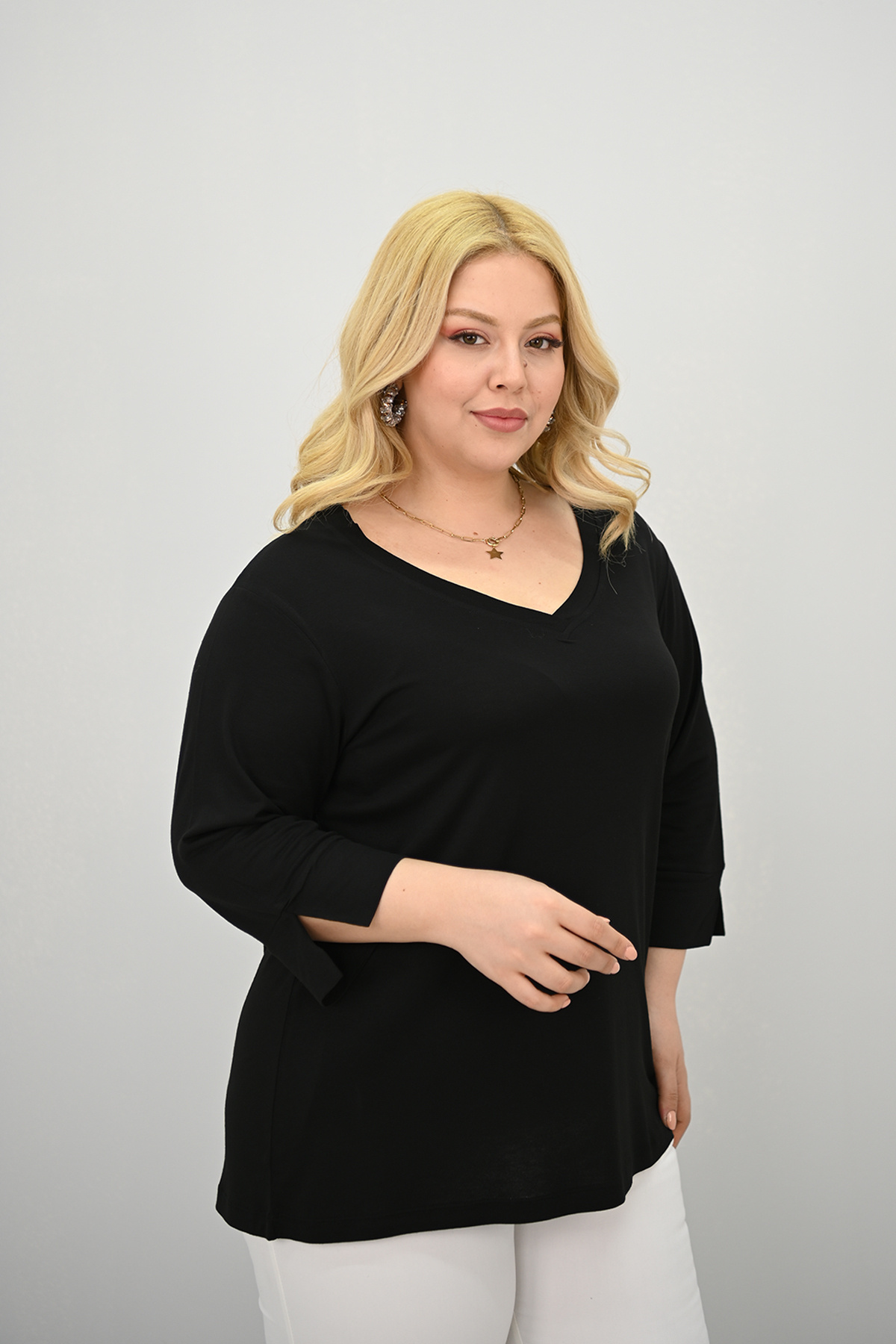 Koza Butik  Kadın Büyük Beden Bantlı V yaka Bluz 1919-25 - Görsel 4