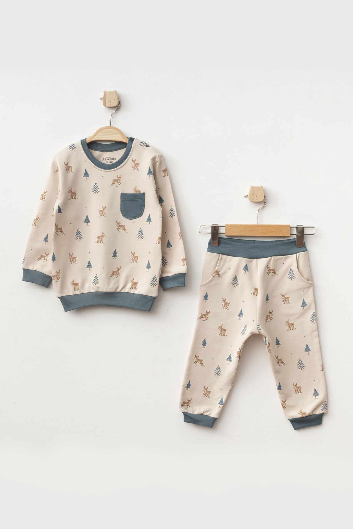Baby Boy Deer Patterned Sweatshirt Pants 2pcs Baby Set 3 Months - 36 Months