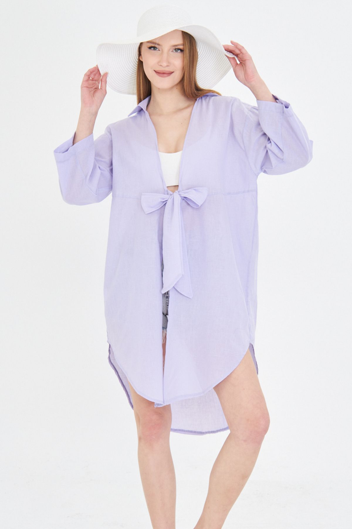 armonika Kadın Lila Önden Bağlamalı İnce Keten Kumaş Midi Boy Kimono Gömlek ARM-24Y001081