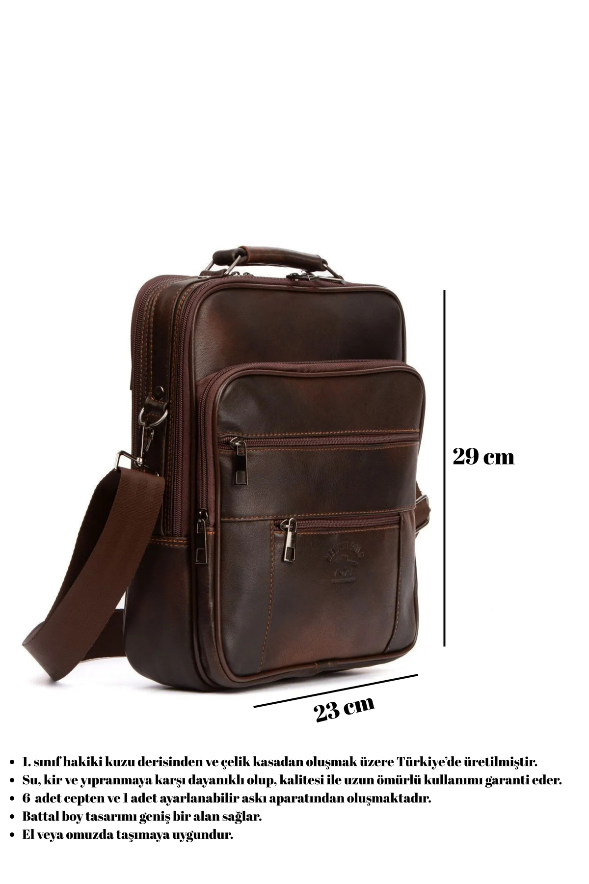 CERFF LEATHER CLUP  Kahverengi Dikey Model Hakiki Deri & Çelik Kasalı Battal Boy El & Omuz Çantası - Görsel 2