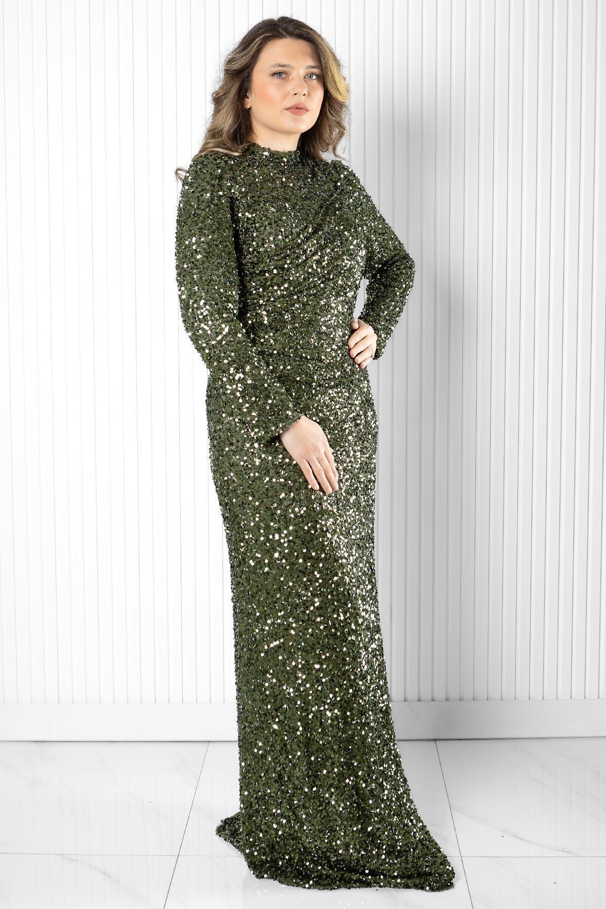 DENİMİNİ-Sequin Sequin Evening Dress Khaki Dnm2539 2