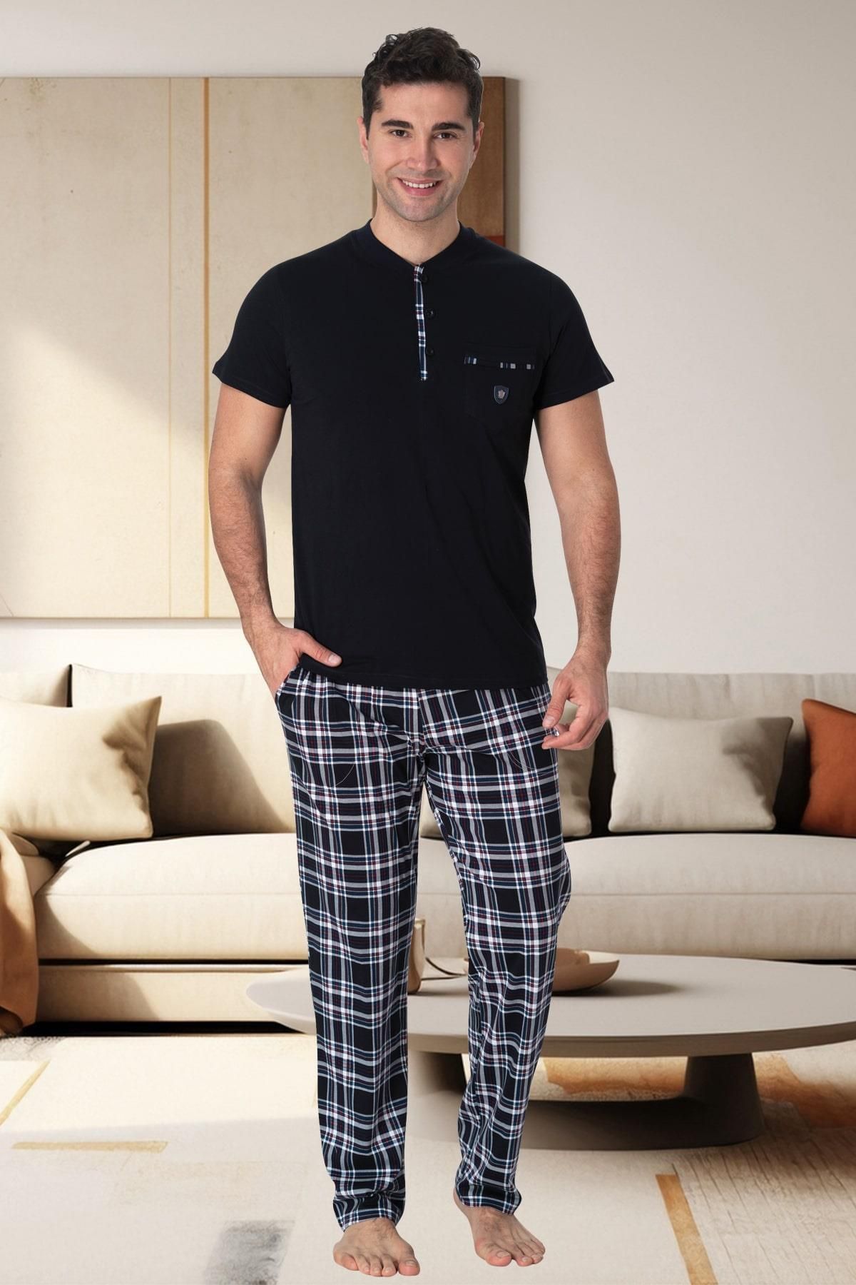 Mecit Pijama-طقم بيجامة رجالي مقاس كبير مكون من 3 قطع من القطن 100% منقوش باللون الأزرق الداكن من Mecit 2901 2