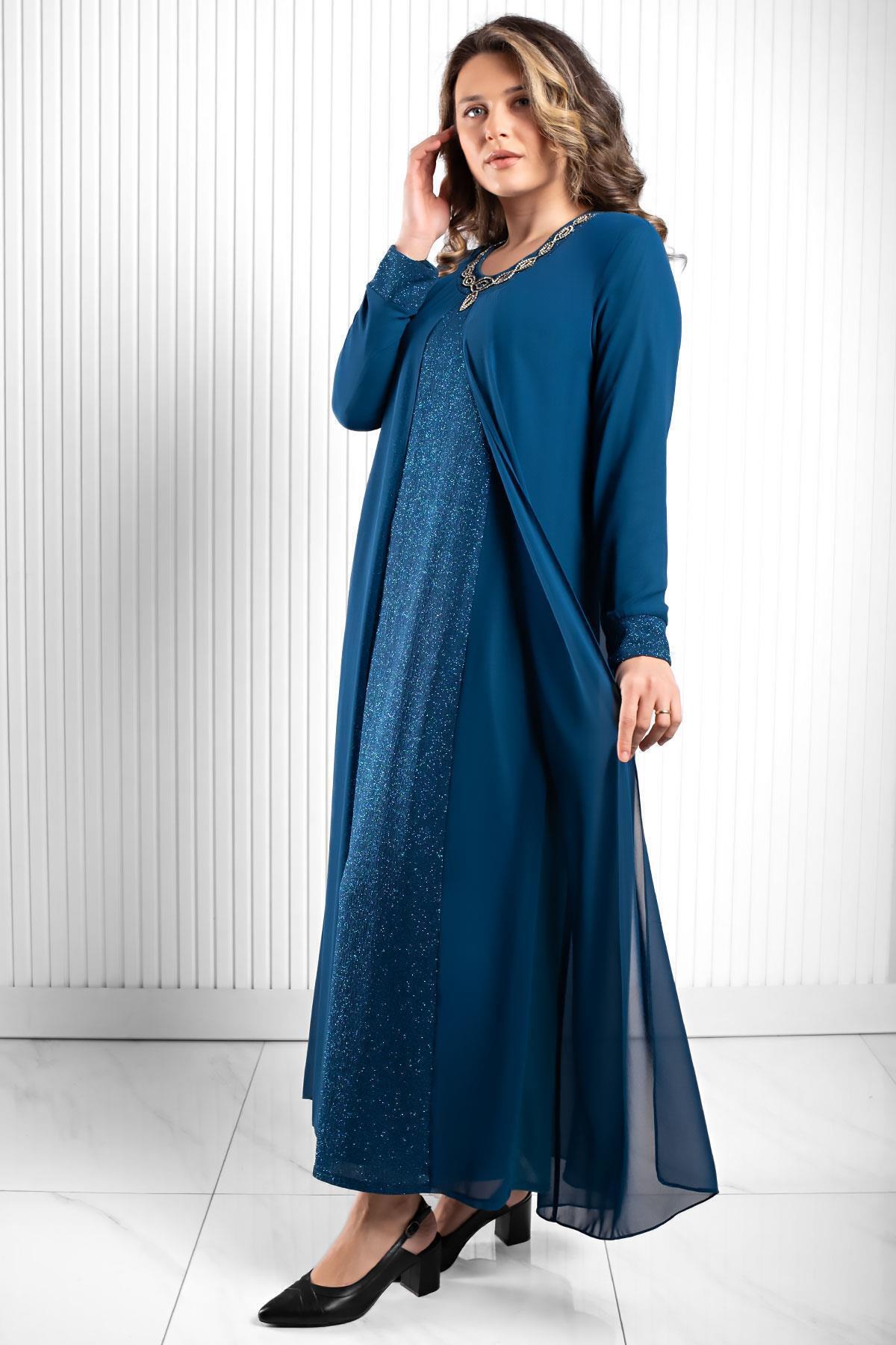 SUBU TASARIM-Stone Print Detailed Chiffon Evening Dress Petrol Tbsmda2520 3