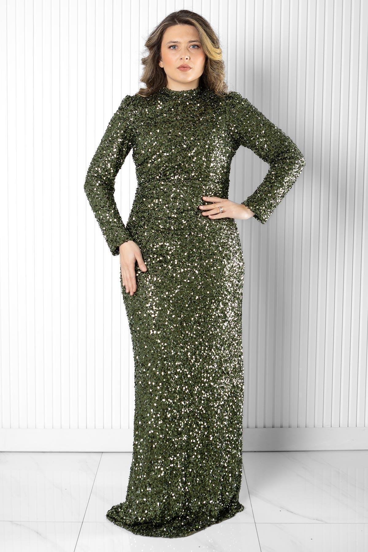 DENİMİNİ-Sequin Sequin Evening Dress Khaki Dnm2539 1