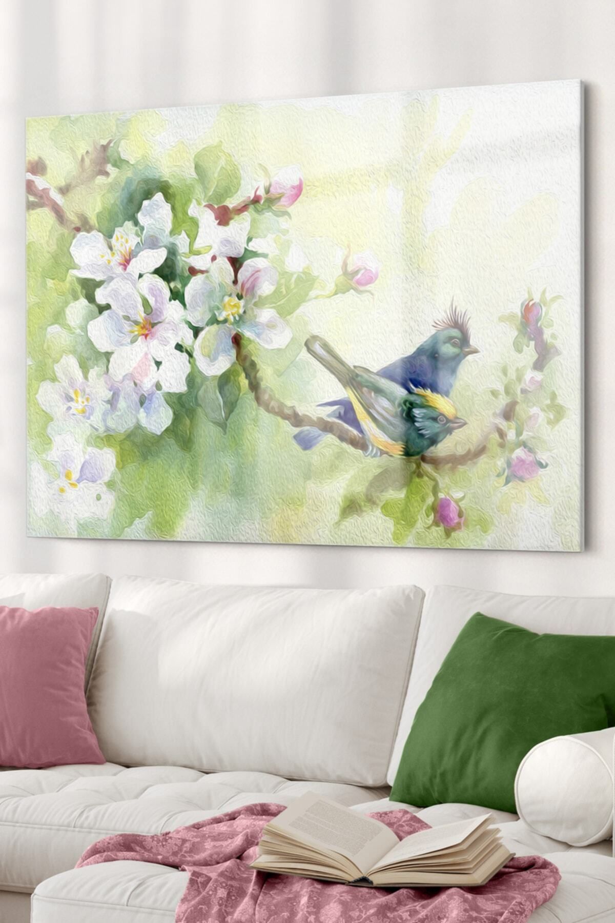 First Date Renkli Kuşlar Ve Kayısı Çiçeği | Hayvan Temalı Cam Tablo | 50x70 Cm