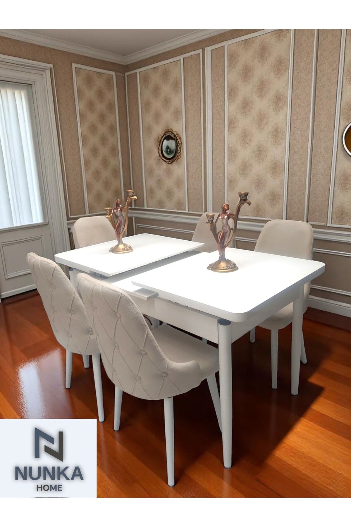 NUNKA HOME Krem Renk Kelebek Masa 4 Kişilik Sandalye Takım