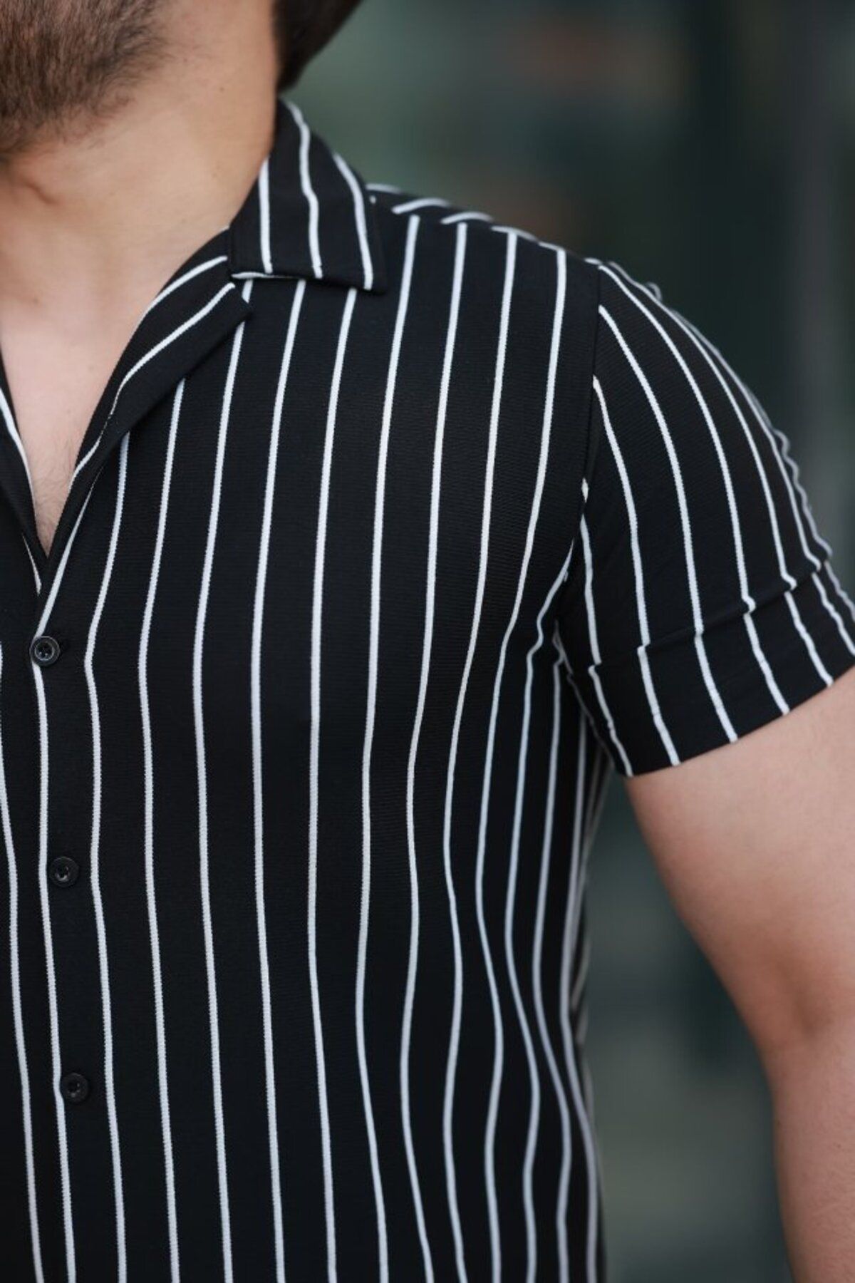 Femella Women Fashion-Men's Short Sleeve White Line Pattern Knitted Fabric Cotton Shirt 3