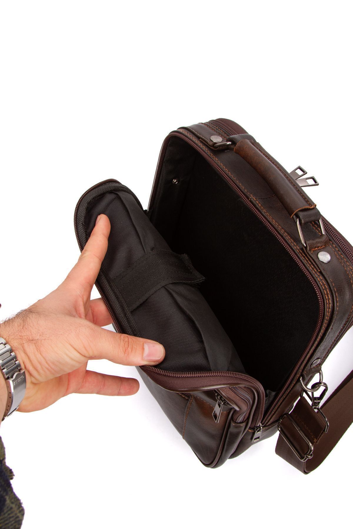 CERFF LEATHER CLUP  Kahverengi Dikey Model Hakiki Deri & Çelik Kasalı Battal Boy El & Omuz Çantası - Görsel 5