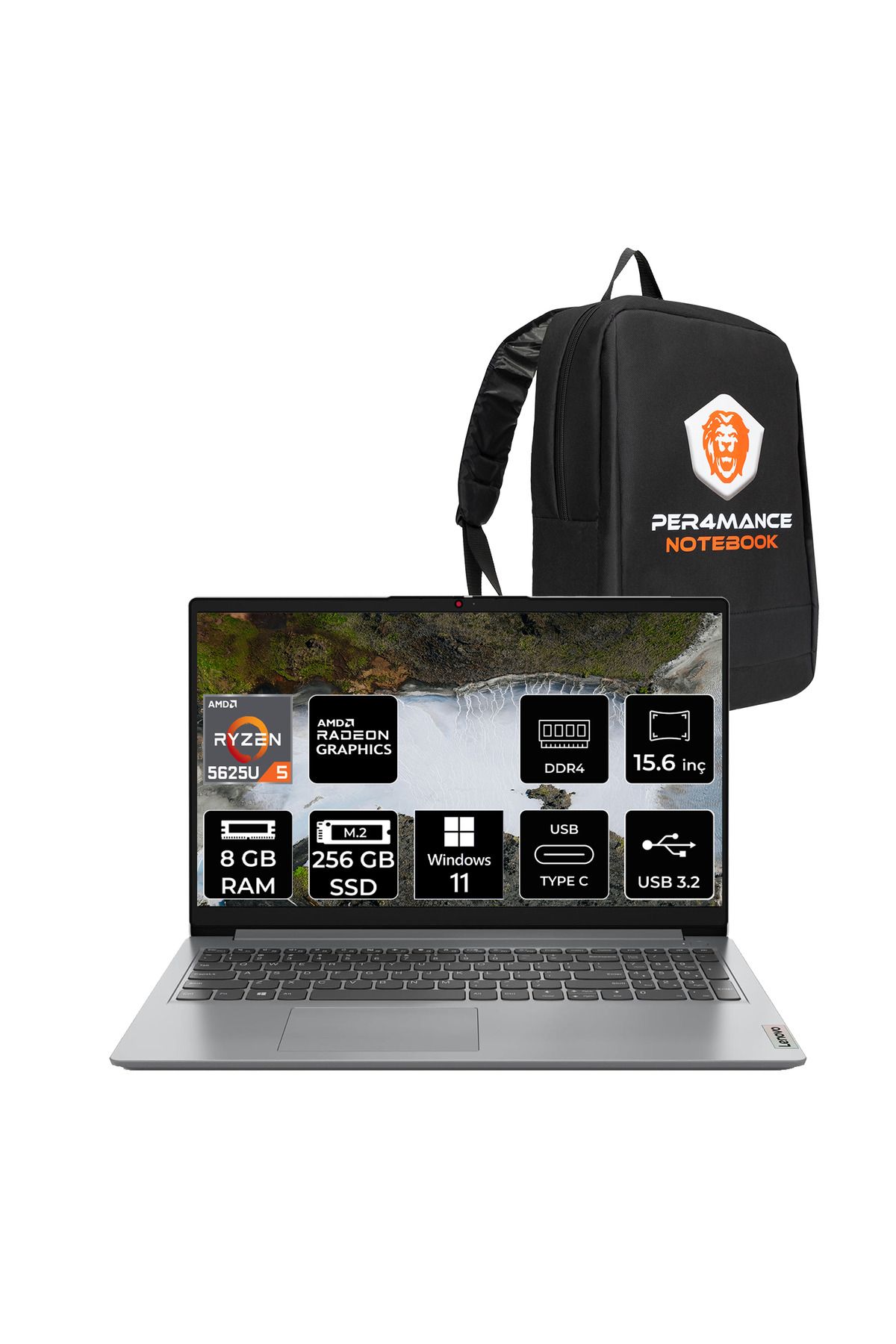 IdeaPad 1 R5 5625U 8GB 256GB SSD 15.6" FHD W11H Taşınabilir Bilgisayar & PER4 Çanta