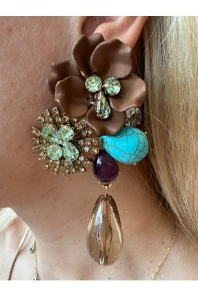 DG Göz Alıcı Kahverengi Turkuaz Taş Detaylı Çiçek Formlu Büyük Küpe Renkli El...