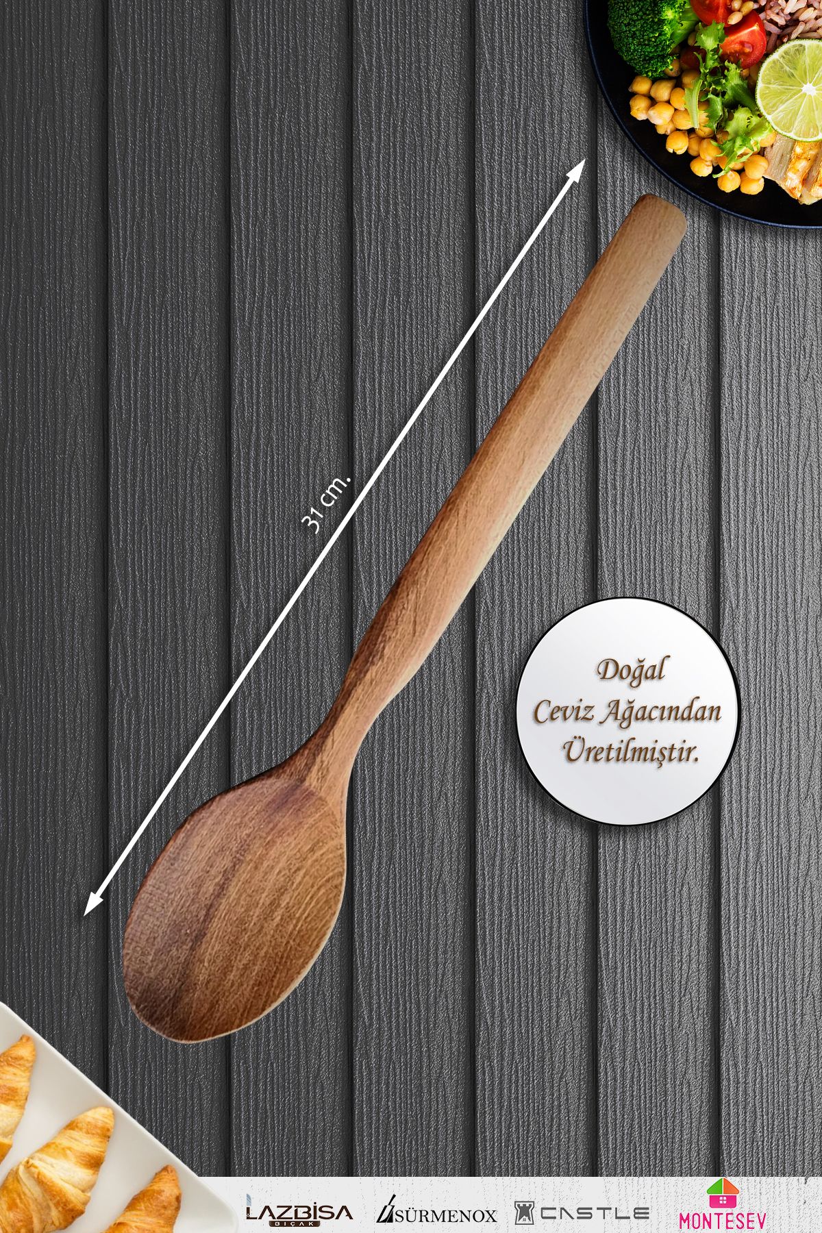 MONTESEV-Natural Walnut Wood Wooden Wooden Spoon Spatula Set Wooden Spoon (Set of 2) 3