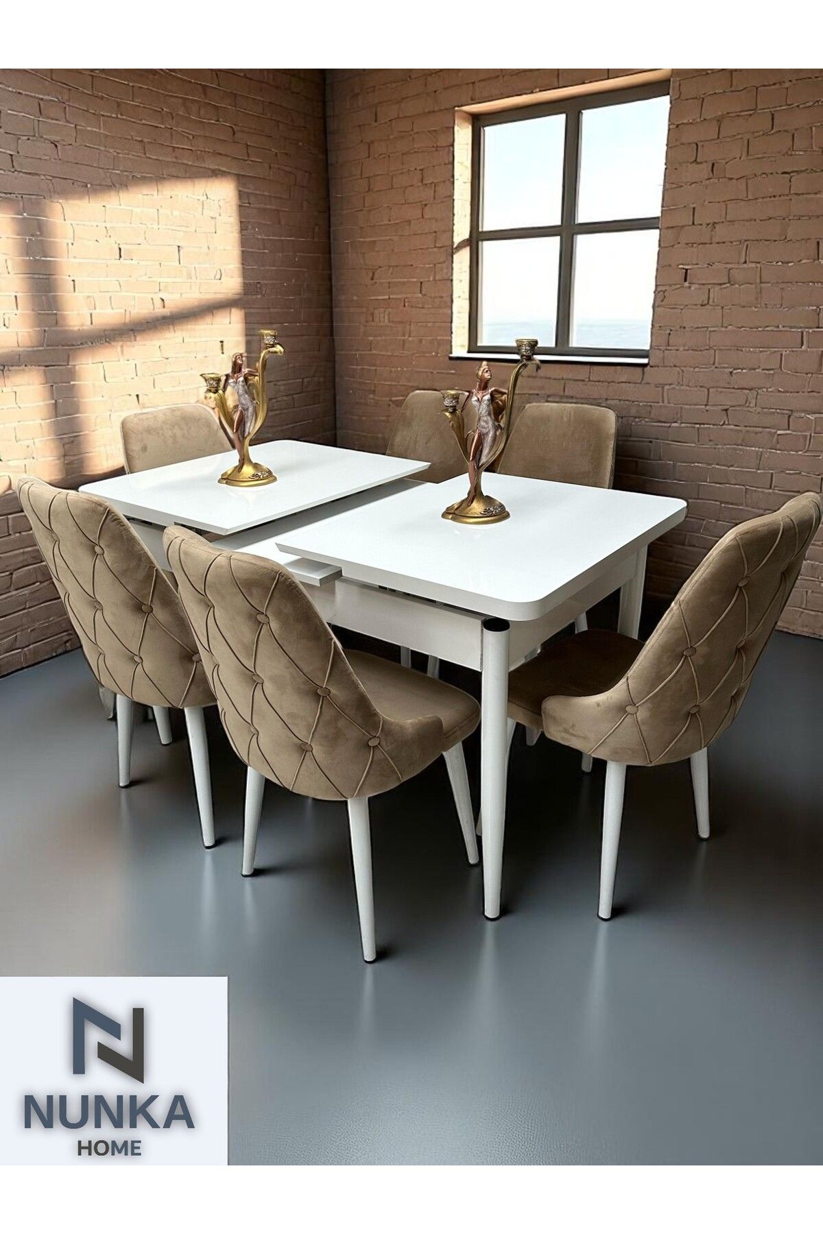 NUNKA HOME Kelebek Masa + 6 lı Sandalye Takımı Cappuccino Baby Face Kumaş, Modern Şıklık