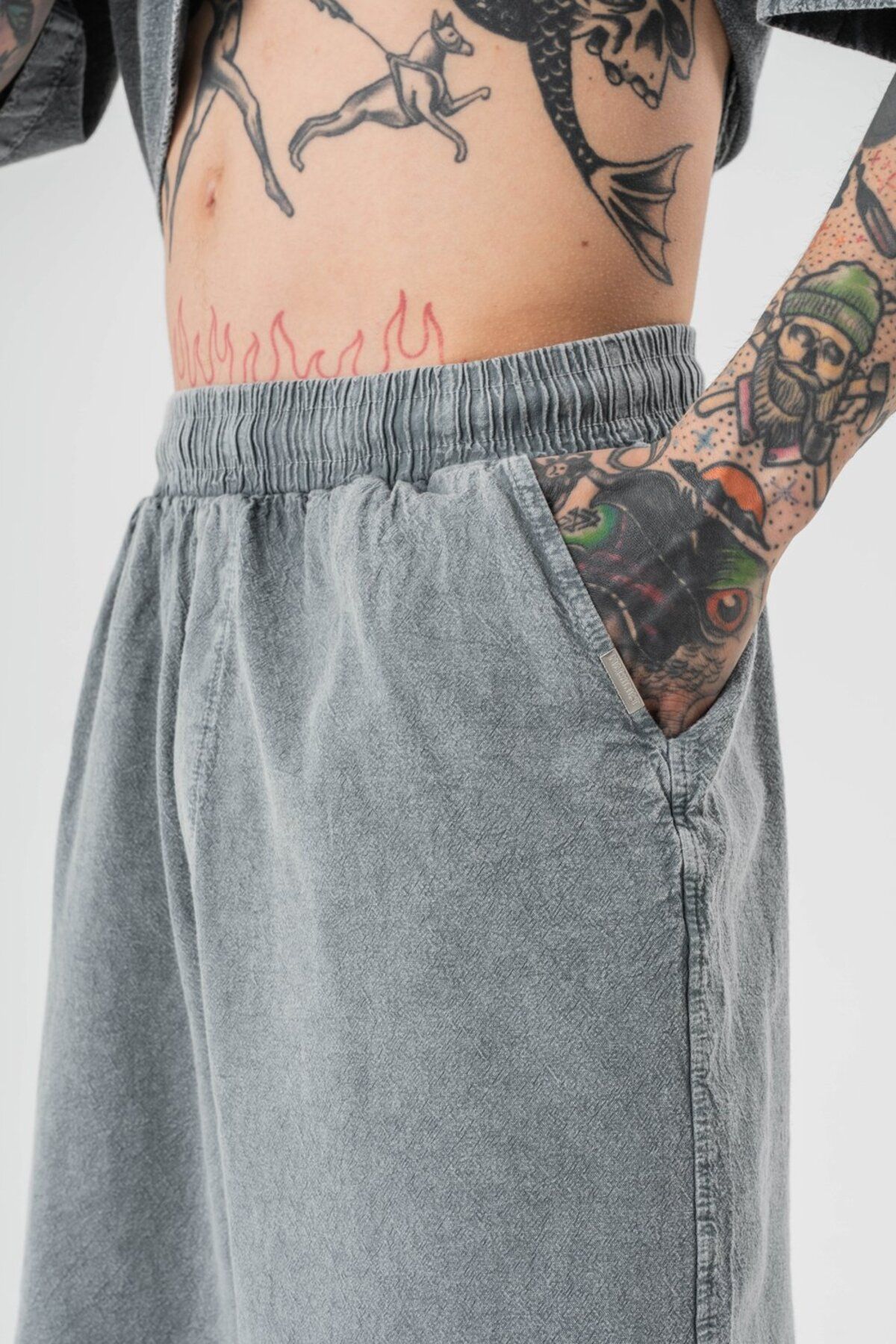 go gang own-Low Wash Waist Elastic Washed Linen Shorts 5
