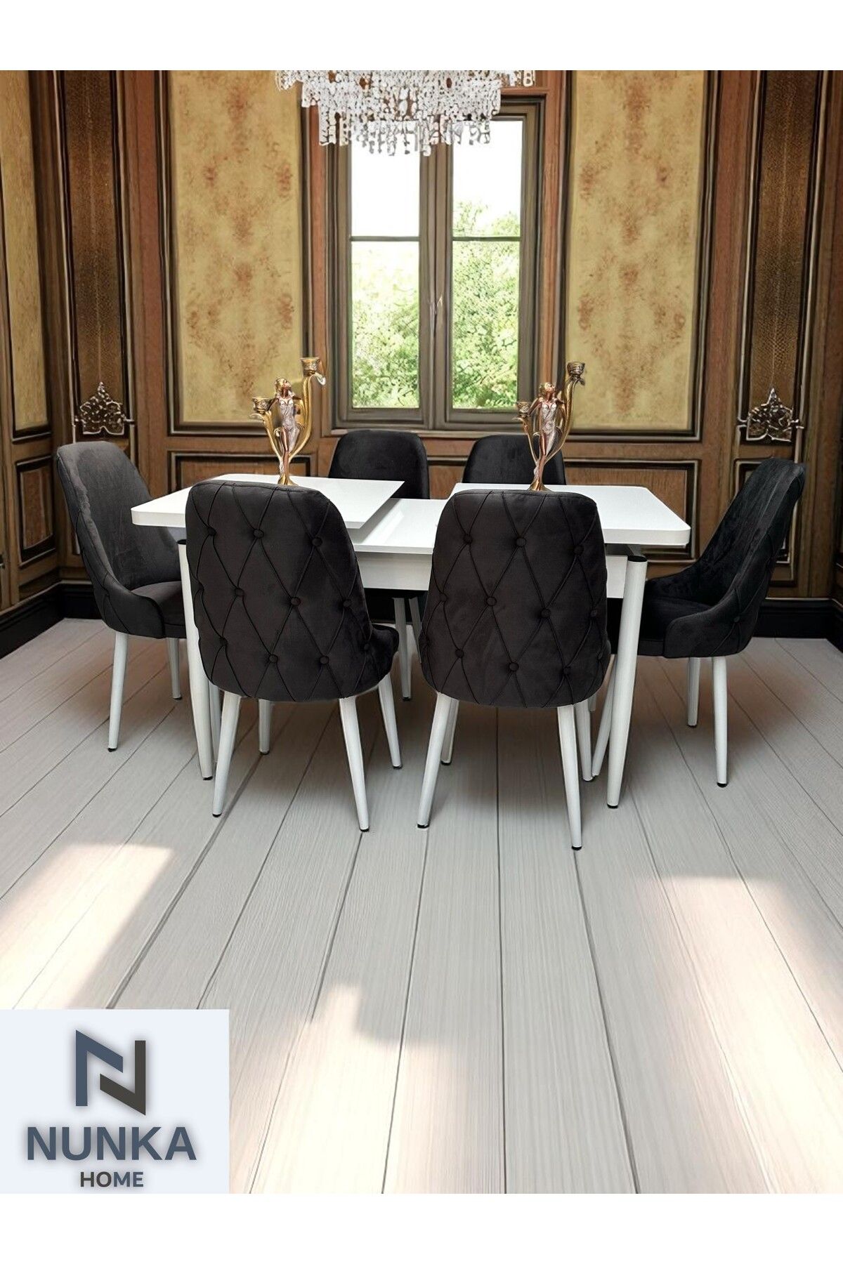 NUNKA HOME Füme Renk Baby Face Kumaş 6 Sandalye + Kelebek Masa Takımı Modern & Kullanışlı