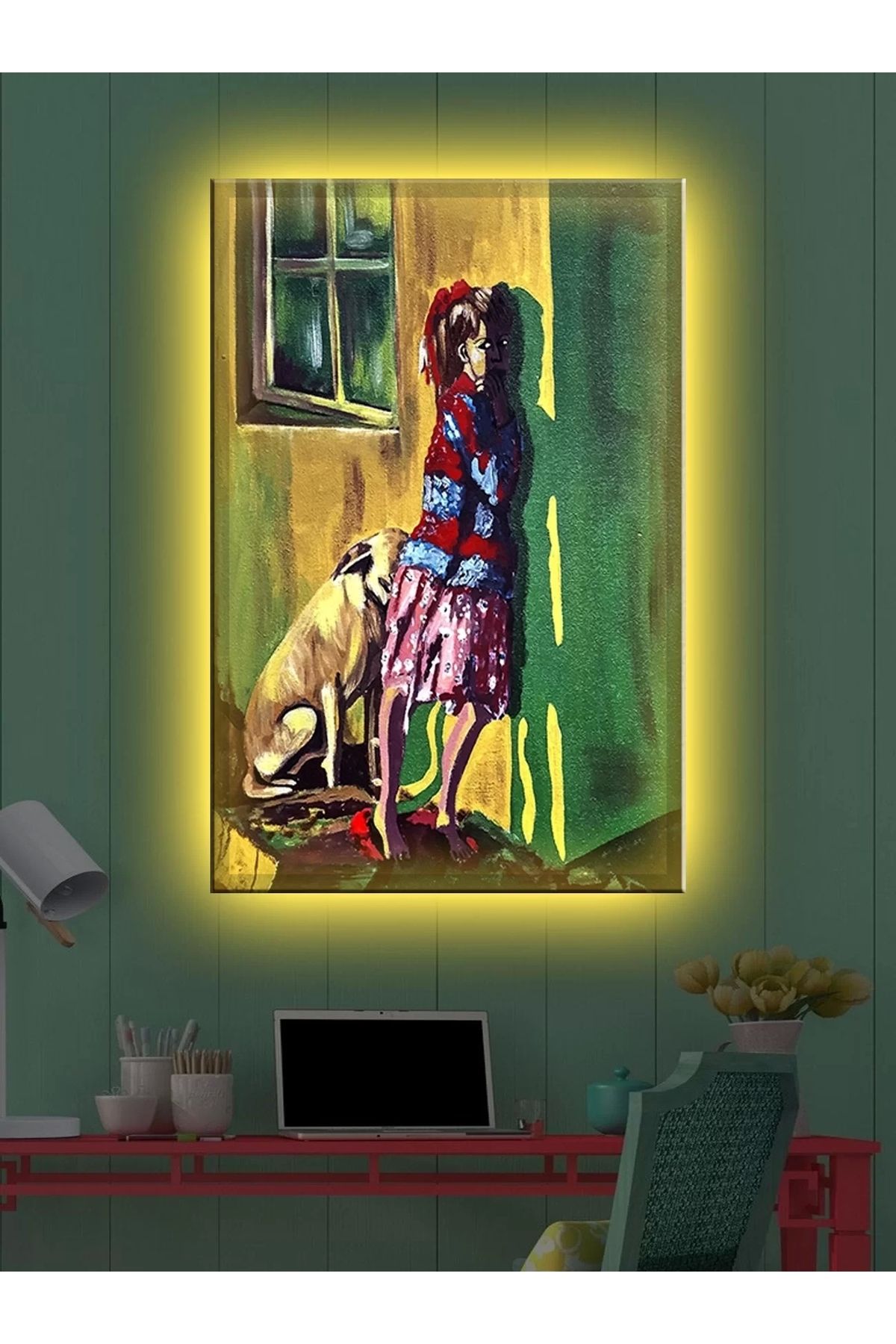 ÖYKÜ VE YİĞİT Led Işıklı Sanatsal Kız Ve Köpek Tablo