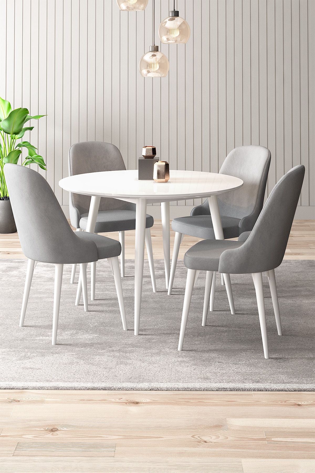 asaella mobilya Silvia 4 Sandalyeli Yuvarlak 90x90 Beyaz Ahşap Ayak MDF Mutfak Yemek Masası Takımı