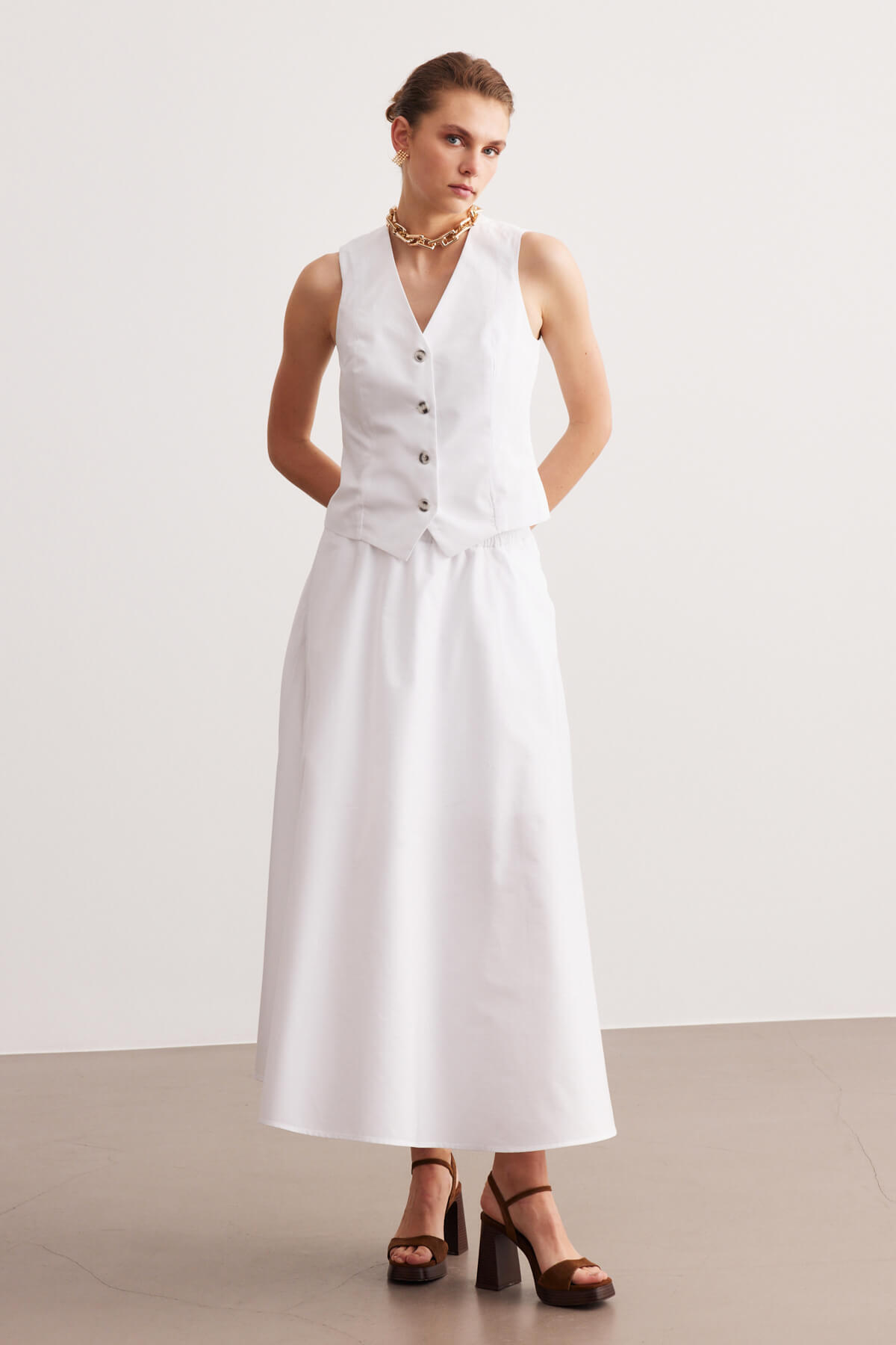 STELLA PULVIS  Beyaz Poplin Beli Lastikli Astarlı Midi Etek - Görsel 4