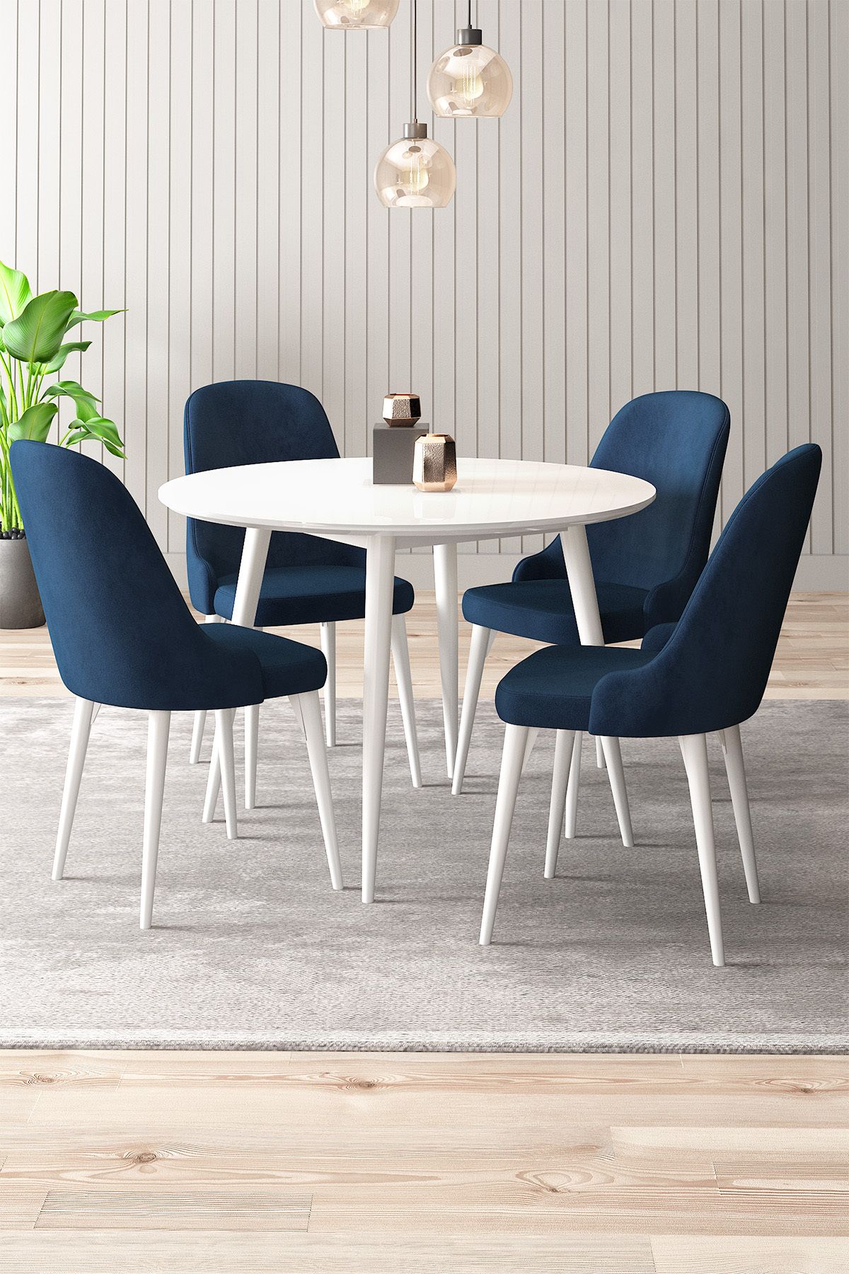 asaella mobilya Silvia 4 Sandalyeli Yuvarlak 90x90 Beyaz Ahşap Ayak MDF Mutfak Yemek Masası Takımı