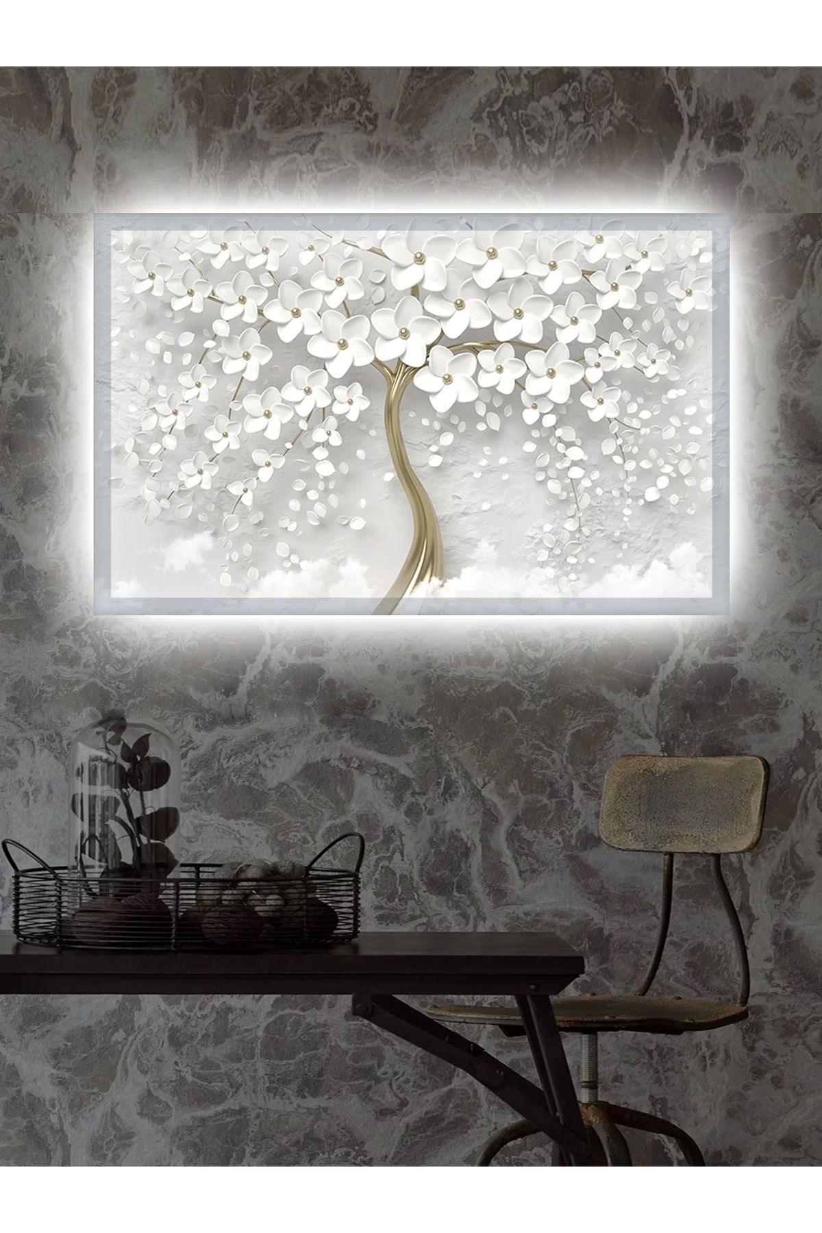 feifei Led Işıklı 3d Dekoratif Gold Çiçek Tablo