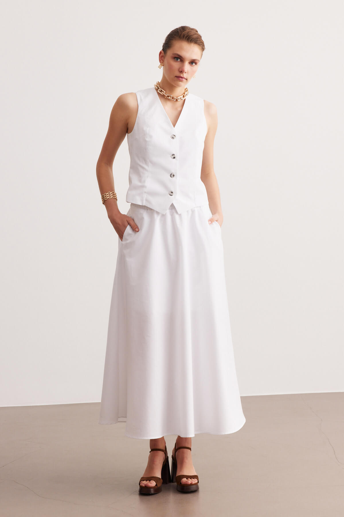 STELLA PULVIS  Beyaz Poplin Beli Lastikli Astarlı Midi Etek - Görsel 5