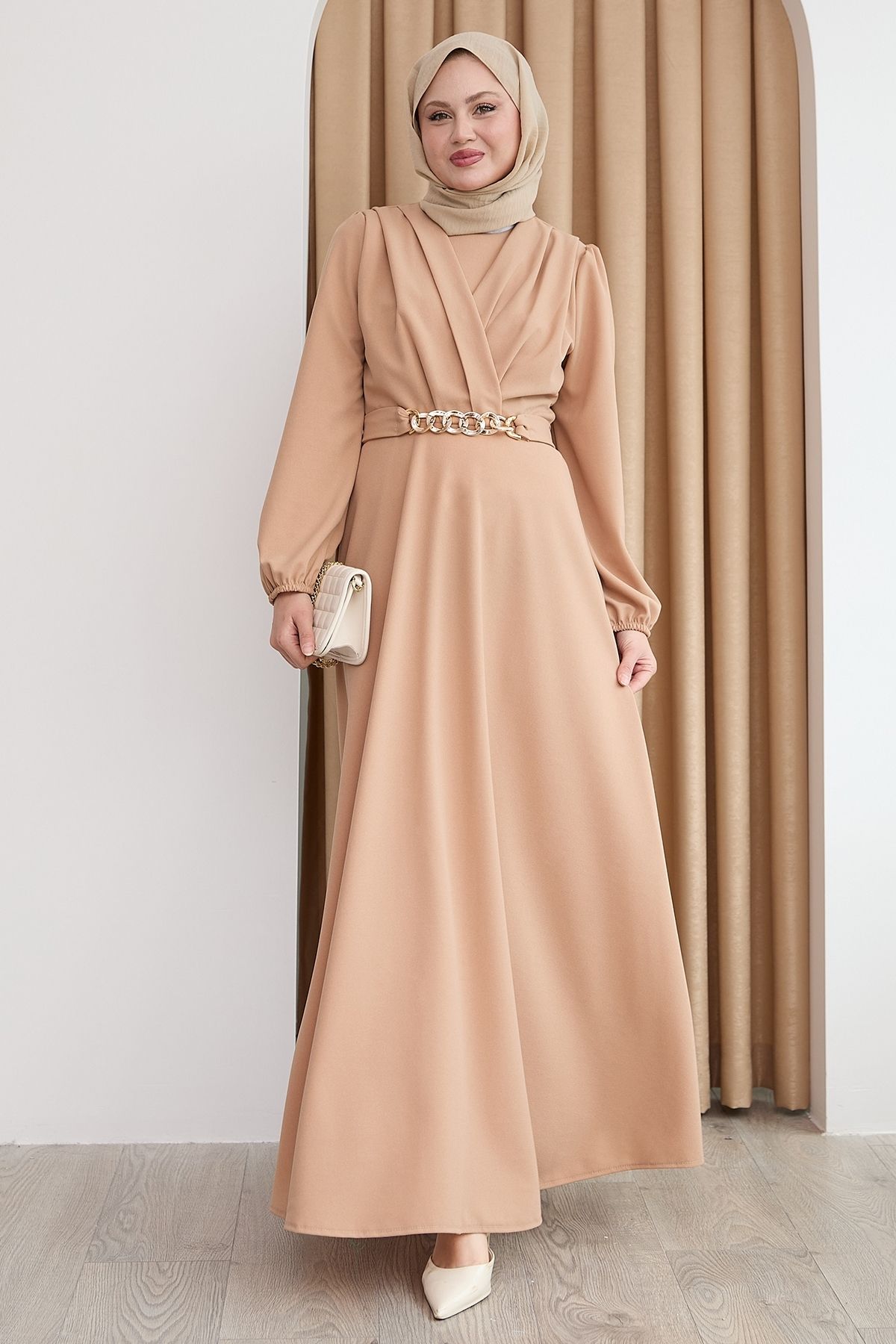 InStyle-Double Breasted Collar Chain Belted Camel Dress 1