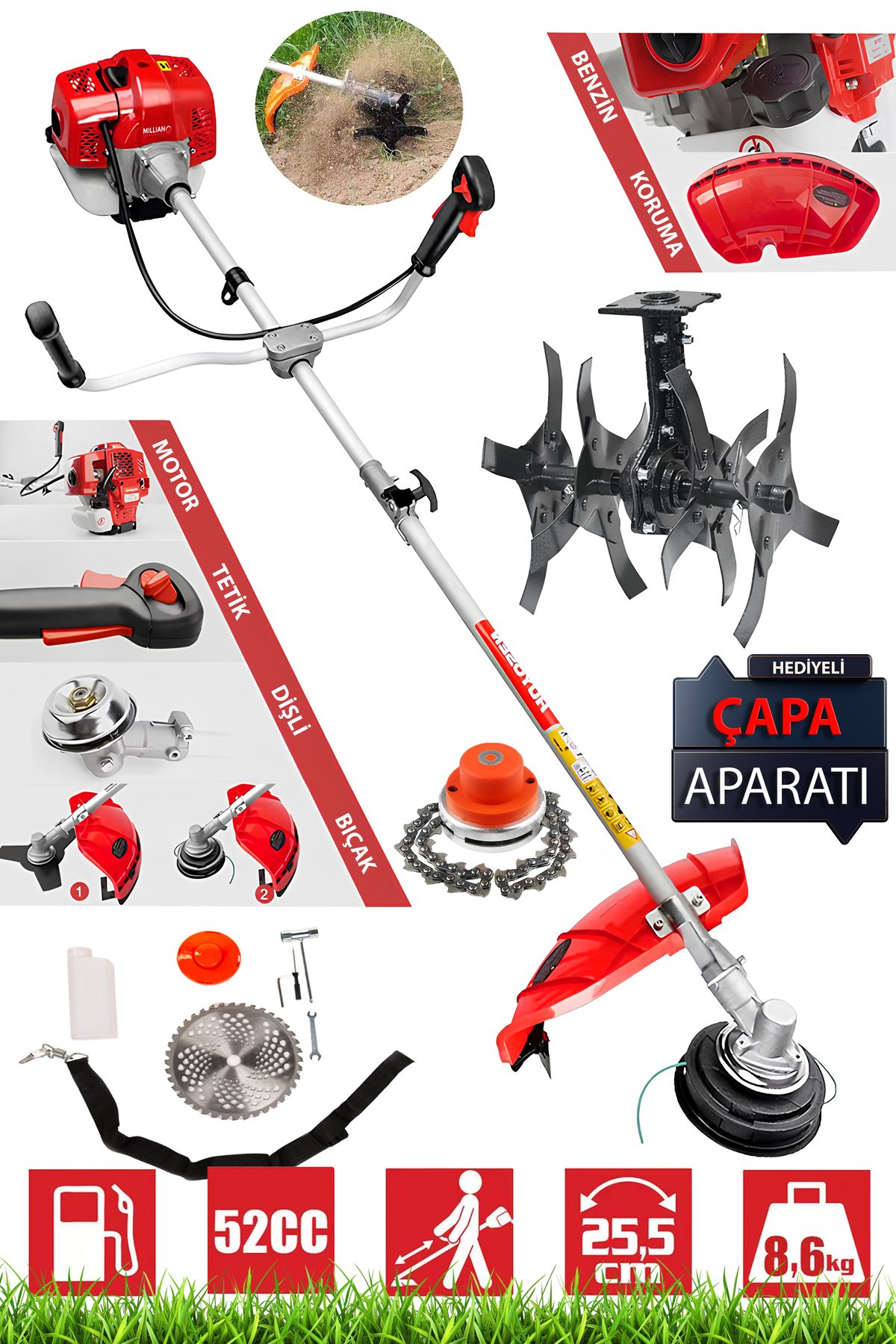 Millian 11.5 Hp Yan Tip Benzinli Motorlu Tırpan Çapalama Aparatı Hediye Ot Çalı Çim Biçme Makinesi