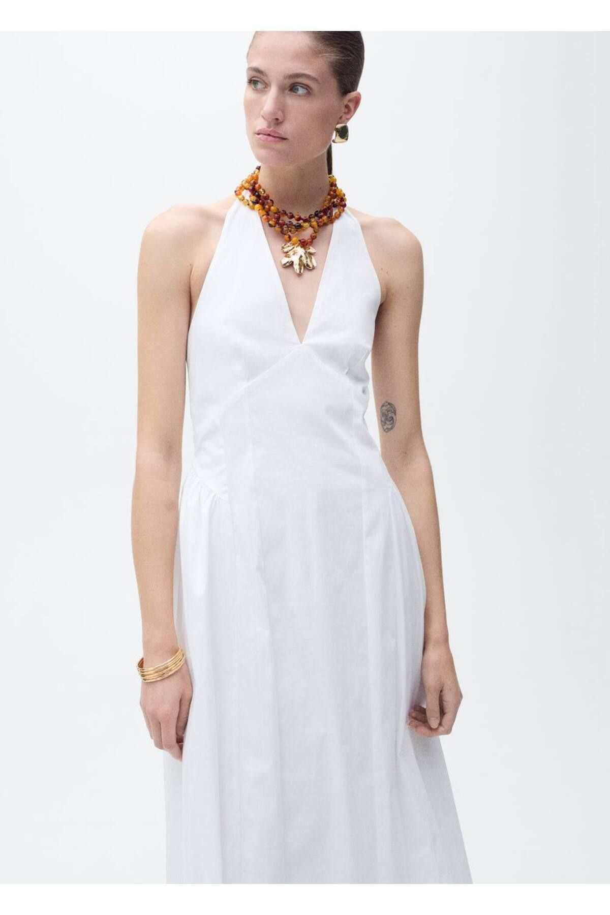 Halter yaka pamuklu midi elbise