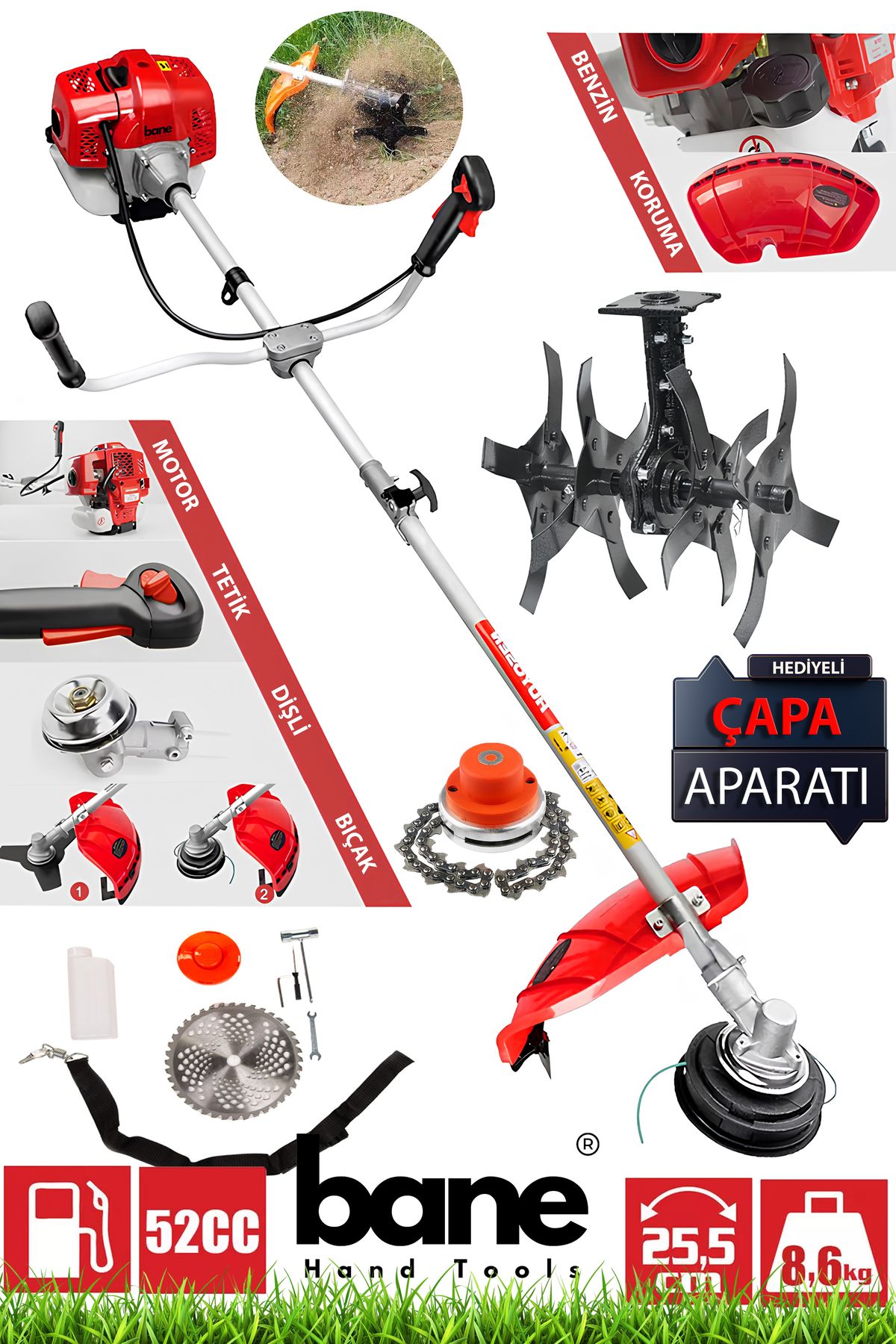BANE Orijinal 3.6 Hp Yan Tip Benzinli Motorlu Tırpan Ot Çalı Çim Biçme Makinesi (Çapalama Aparatı Hediye)