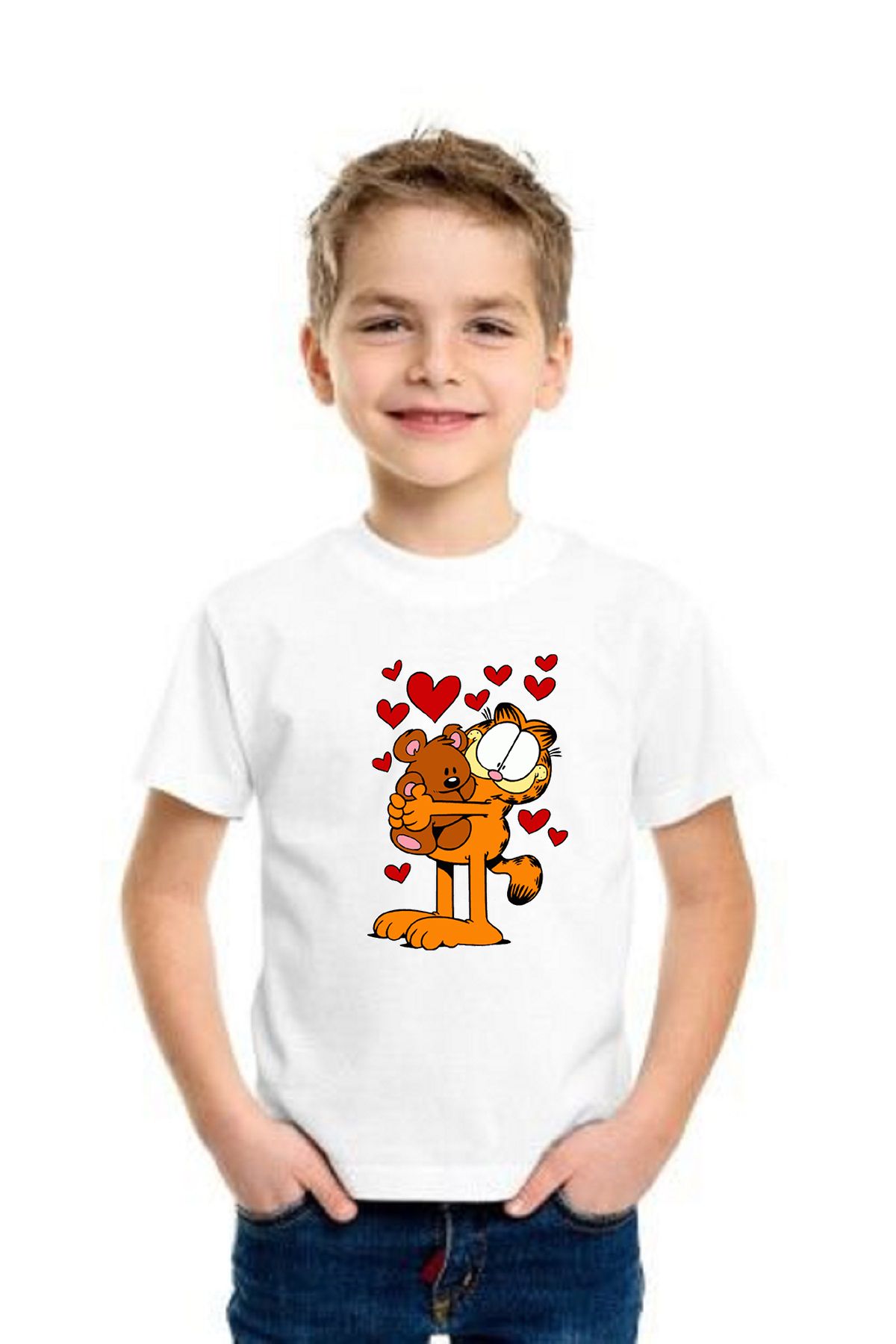 makiteks Kaliteli Pamuk Penye Erkek Kız Çocuk Baskılı Tshirt 5 6 7 8 9 10 11 12 13 14 yaş Garfield