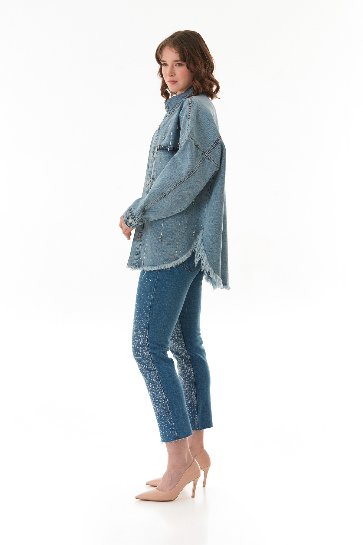 Fulla Moda-Stoned Tasseled Double Pocket Oversize Denim Jacket 4