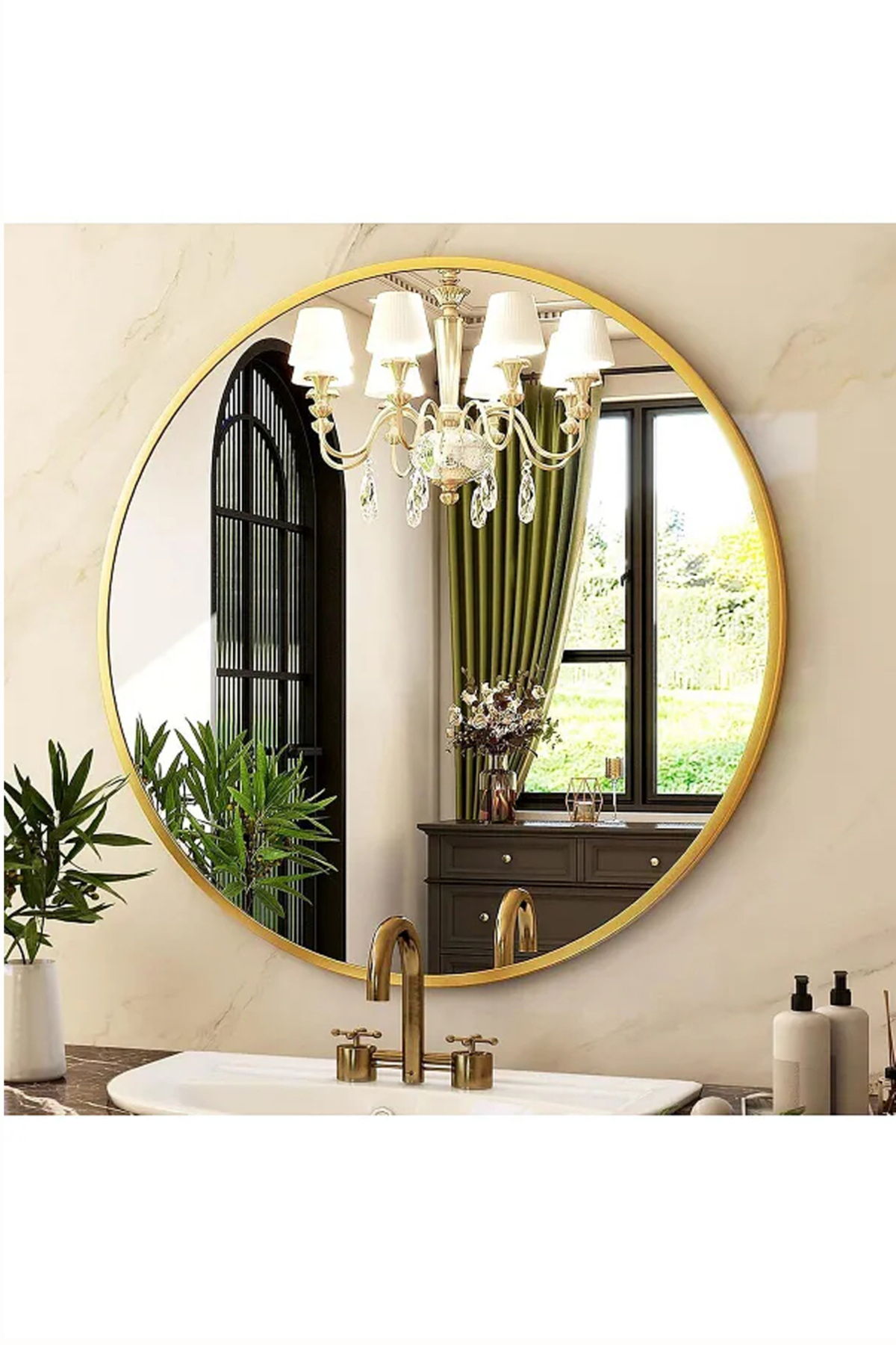 مرآة حائط بإطار من الالمونيوم ذهبي 80*80، مثالية لديكور بيتك