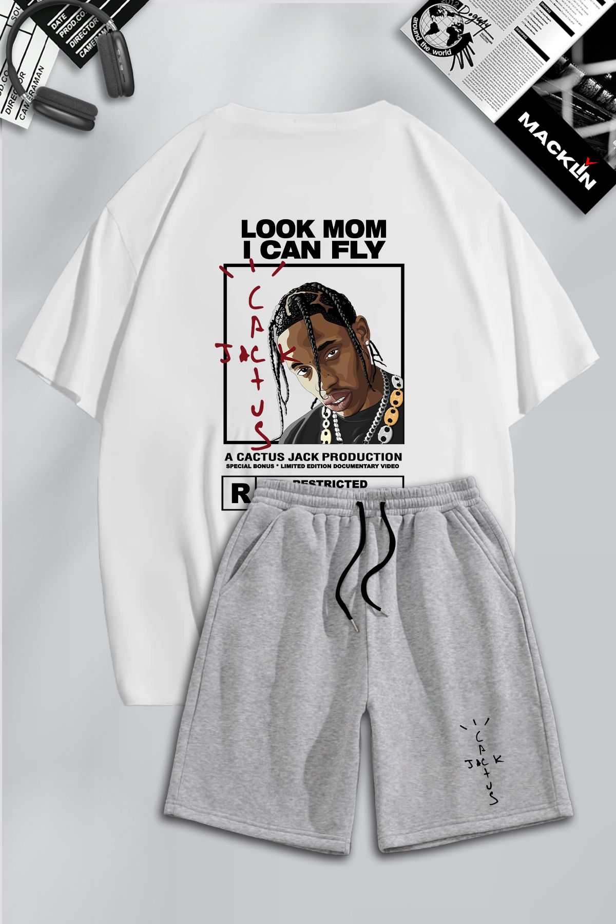 macklin Unisex Erkek Kadın Travis Scott Cactus Jack Baskılı Özel Tasarım Oversize Tshirt Ve Şort Takım