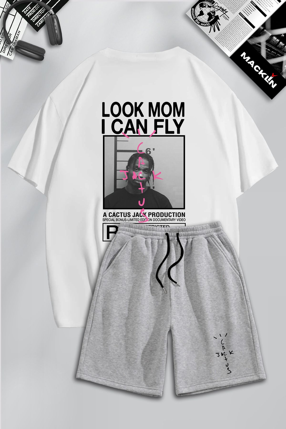 macklin Unisex Erkek Kadın Travis Scott & Cactus Jack Baskılı Özel Tasarım Oversize Tshirt Ve Şort Takım