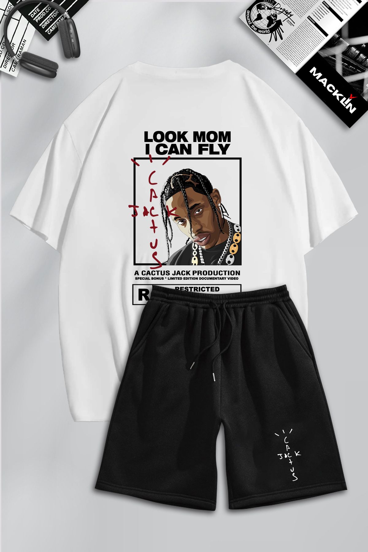 macklin Unisex Erkek Kadın Travis Scott Cactus Jack Baskılı Özel Tasarım Oversize Tshirt Ve Şort Takım