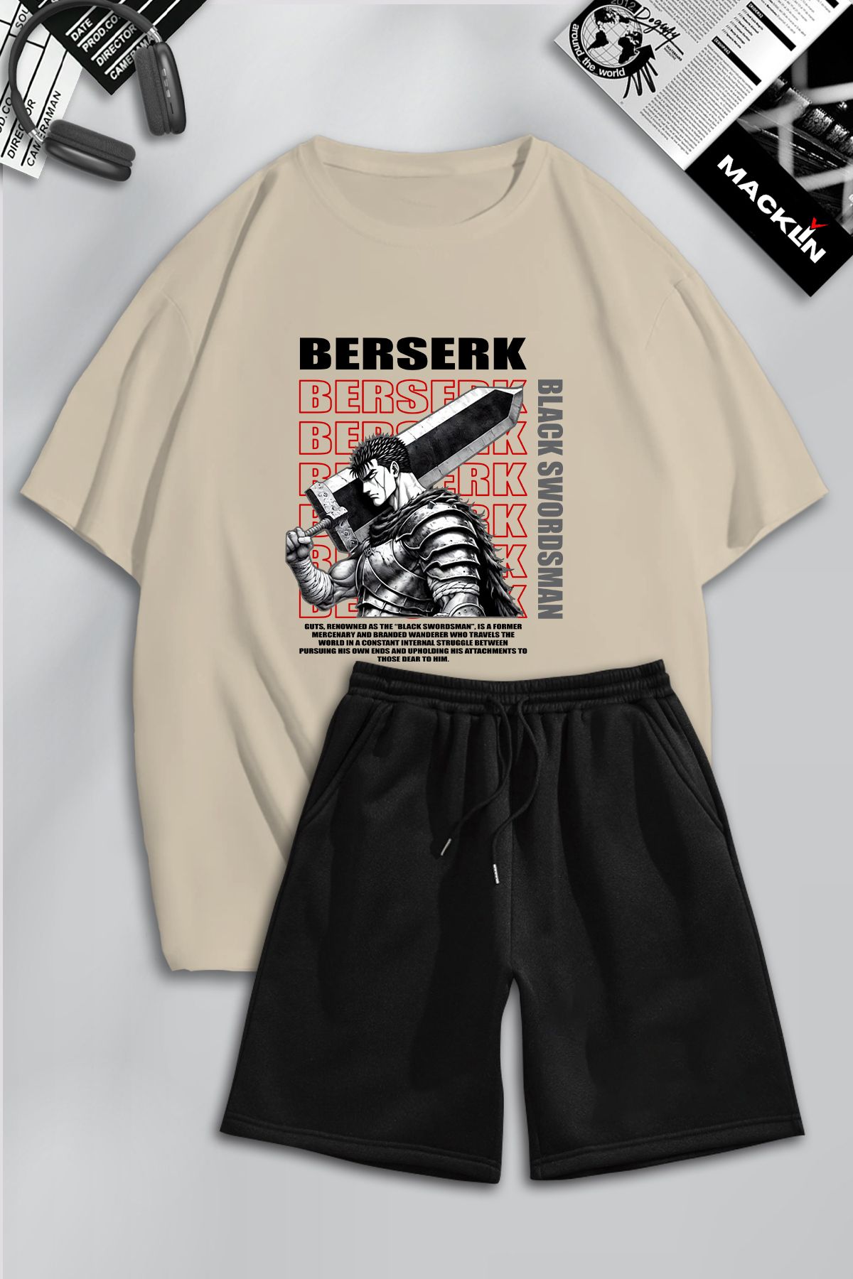 macklin Unisex Erkek Kadın Berserk Black Swordman Anime Baskılı Özel Tasarım Oversize Tshirt Ve Şort Takım
