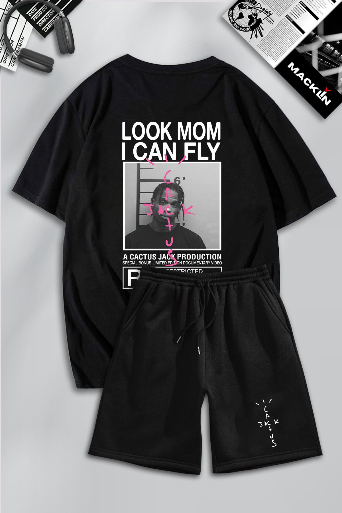 macklin Unisex Erkek Kadın Travis Scott & Cactus Jack Baskılı Özel Tasarım Oversize Tshirt Ve Şort Takım