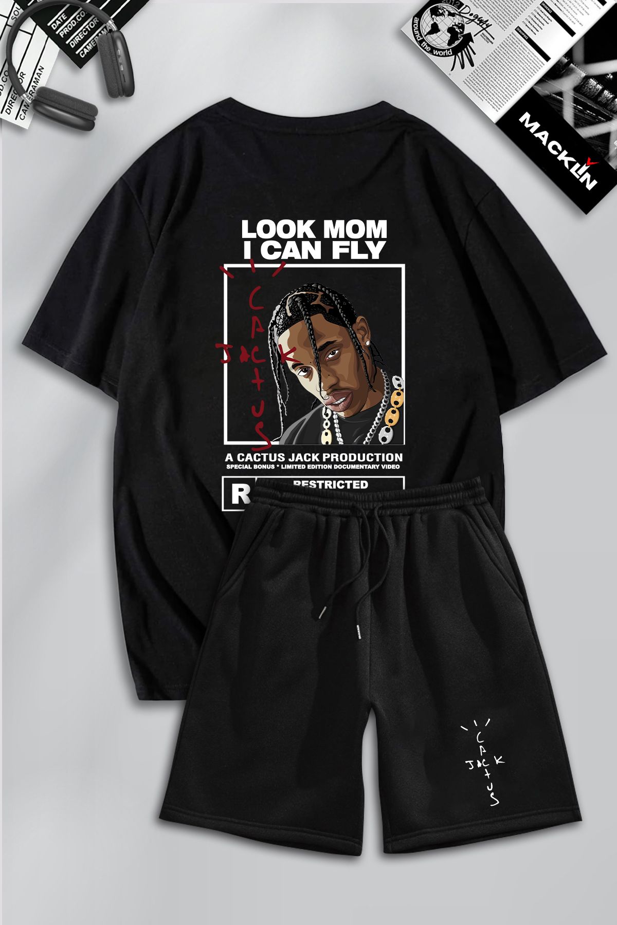 macklin Unisex Erkek Kadın Travis Scott Cactus Jack Baskılı Özel Tasarım Oversize Tshirt Ve Şort Takım