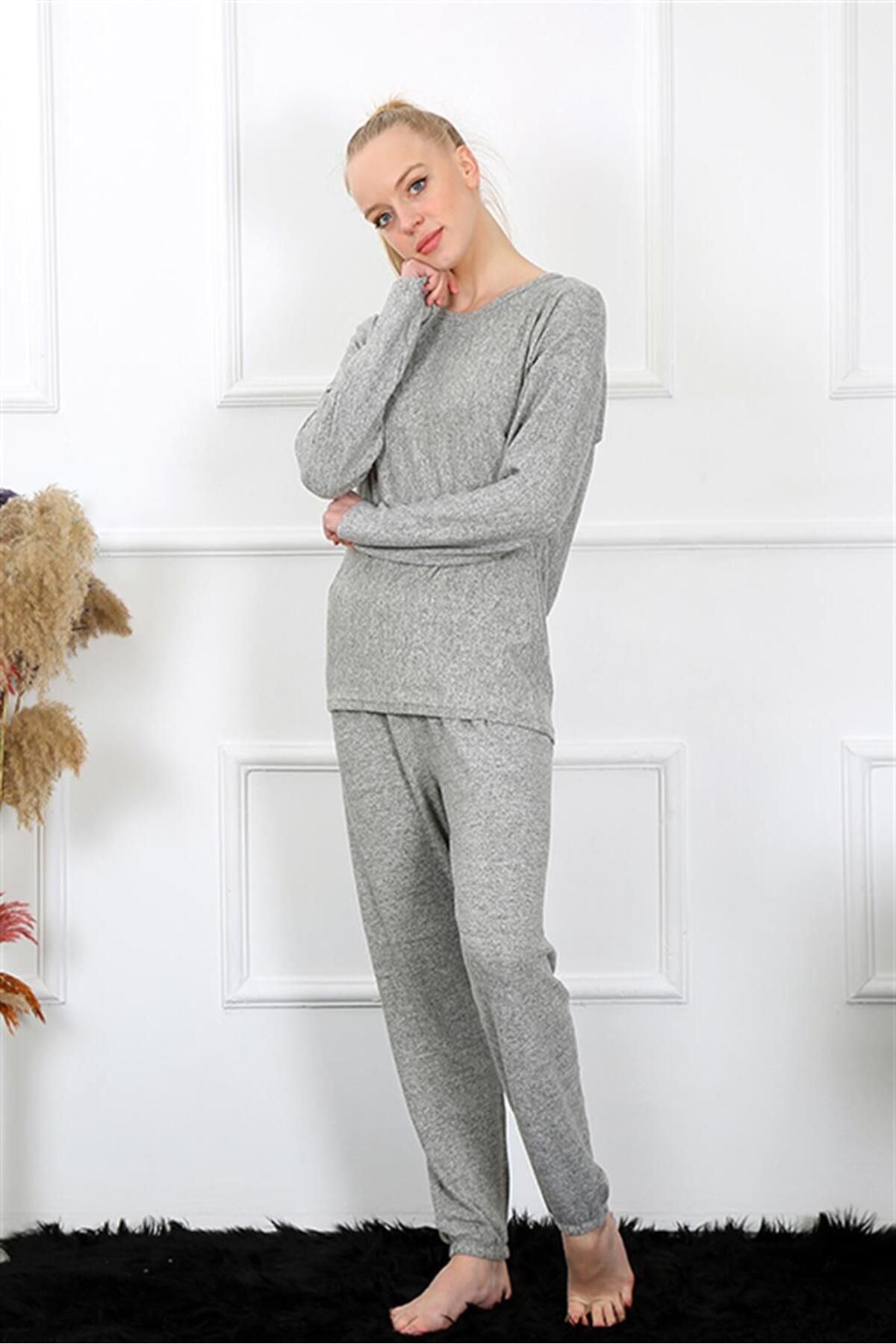 COXO Fashion`S Moda Çizgi Women's Thick Long Sleeve Combed Cotton Gray Pajama Set 4131