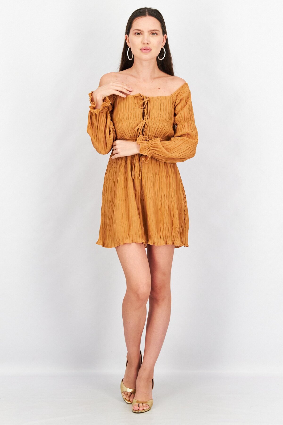 NA-KD-Women Off Shoulder Marie Sleeve Textured Mini Dress, Tan 4