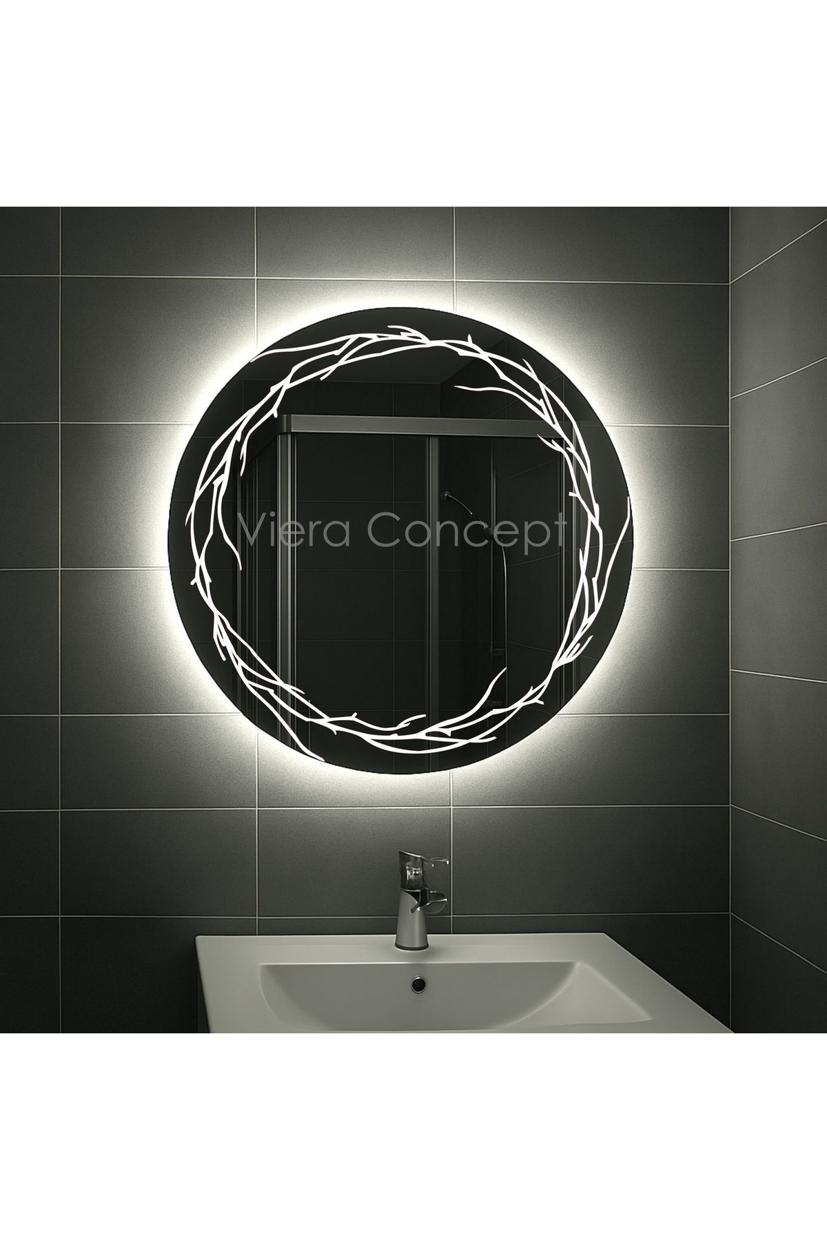 Viera Concept Dal desenli dokunmatik led aydınlatmalı 80 cm yuvarlak ayna