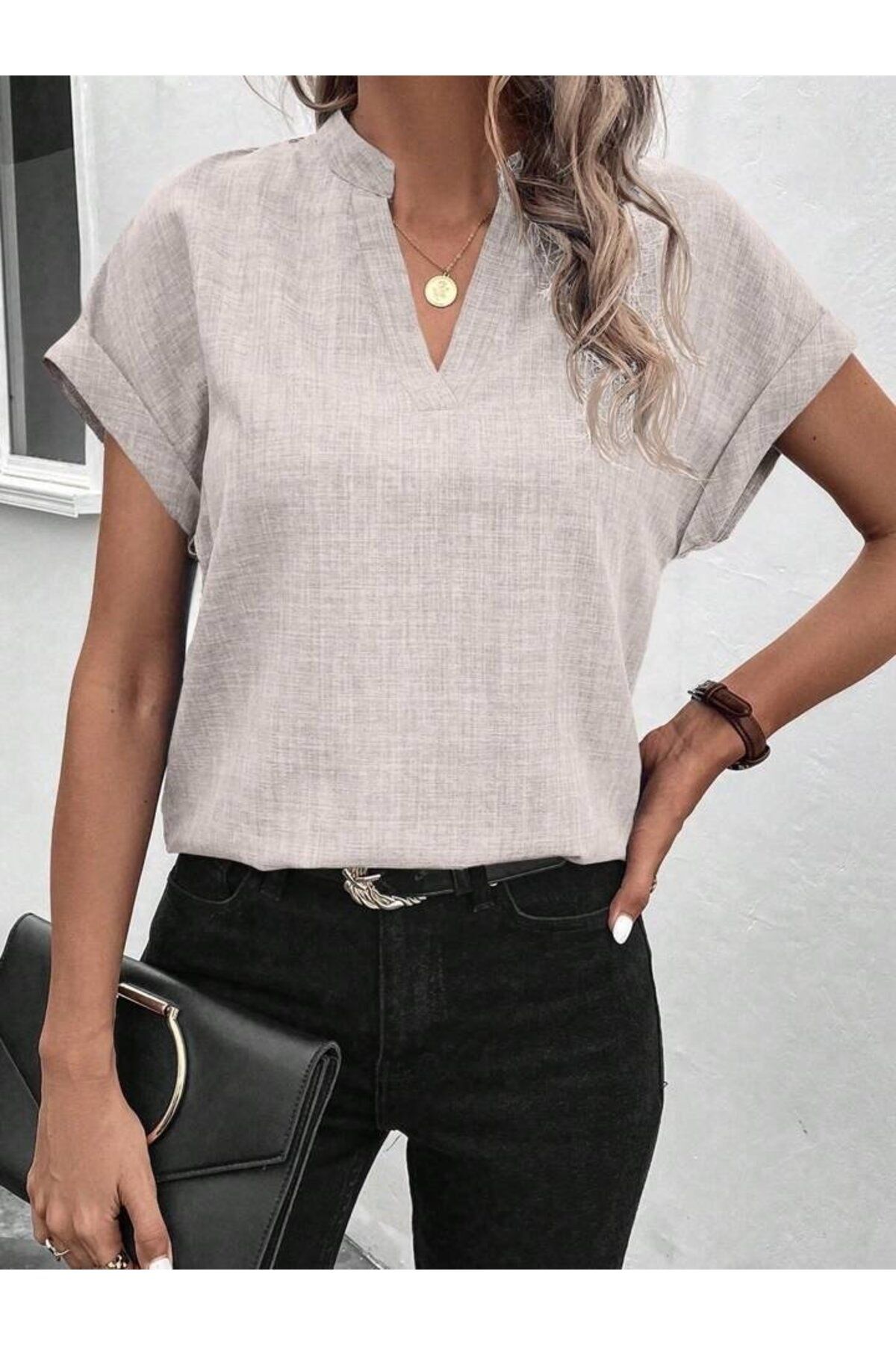 velmorafashion Kadın Kısa Kollu Hakim Yaka Sofya Bluz